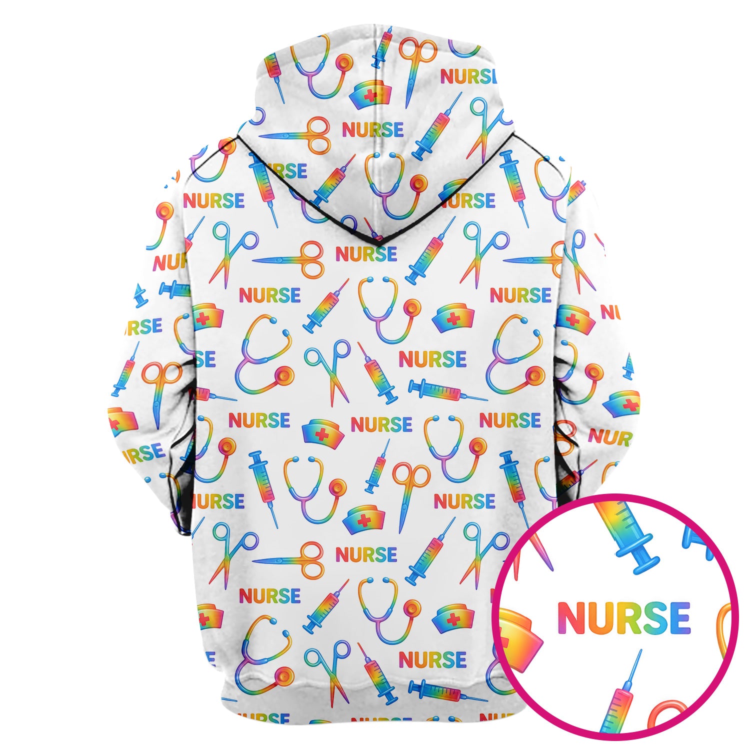 Colorful Nurse Scrub Top for Women - Rainbow Syringe and Scissors Pattern - Fun Medical Scrubs Shirt Gift for RN LPN CNA