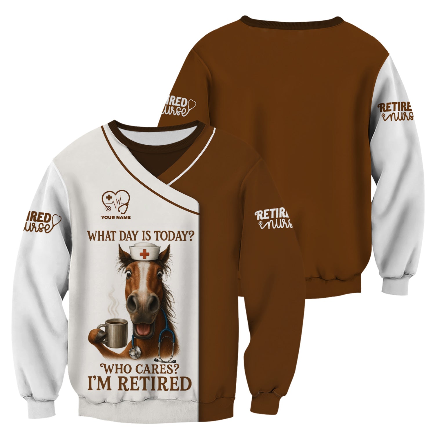 Funny Scrubs Top for Retired Nurse - Horse Design with Coffee Mug Quote - RN LPN Medical Staff Retirement Gift