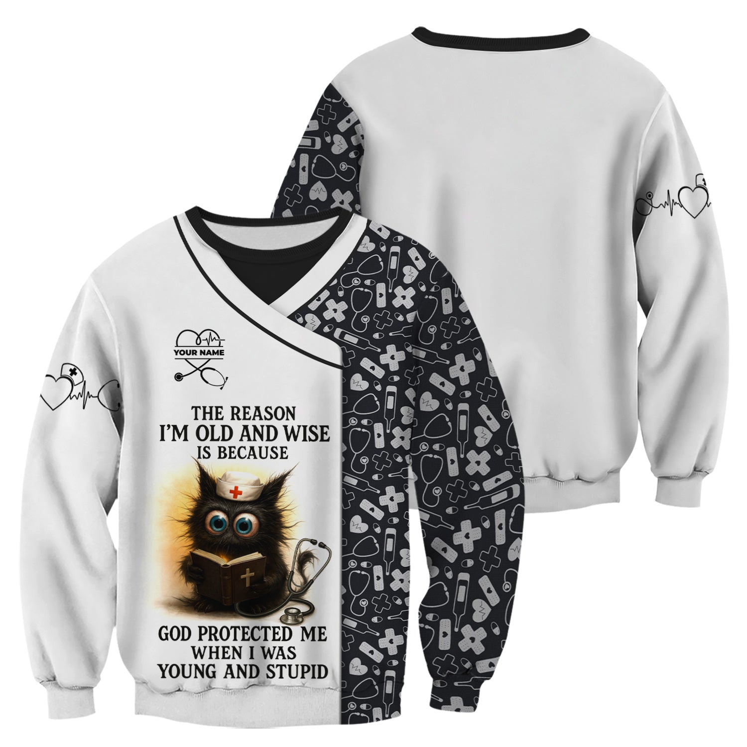 Personalized Nurse Shirt - Adorable Cat Design with Bible and Your Name - Gift for RN CNA LPN Healthcare Worker