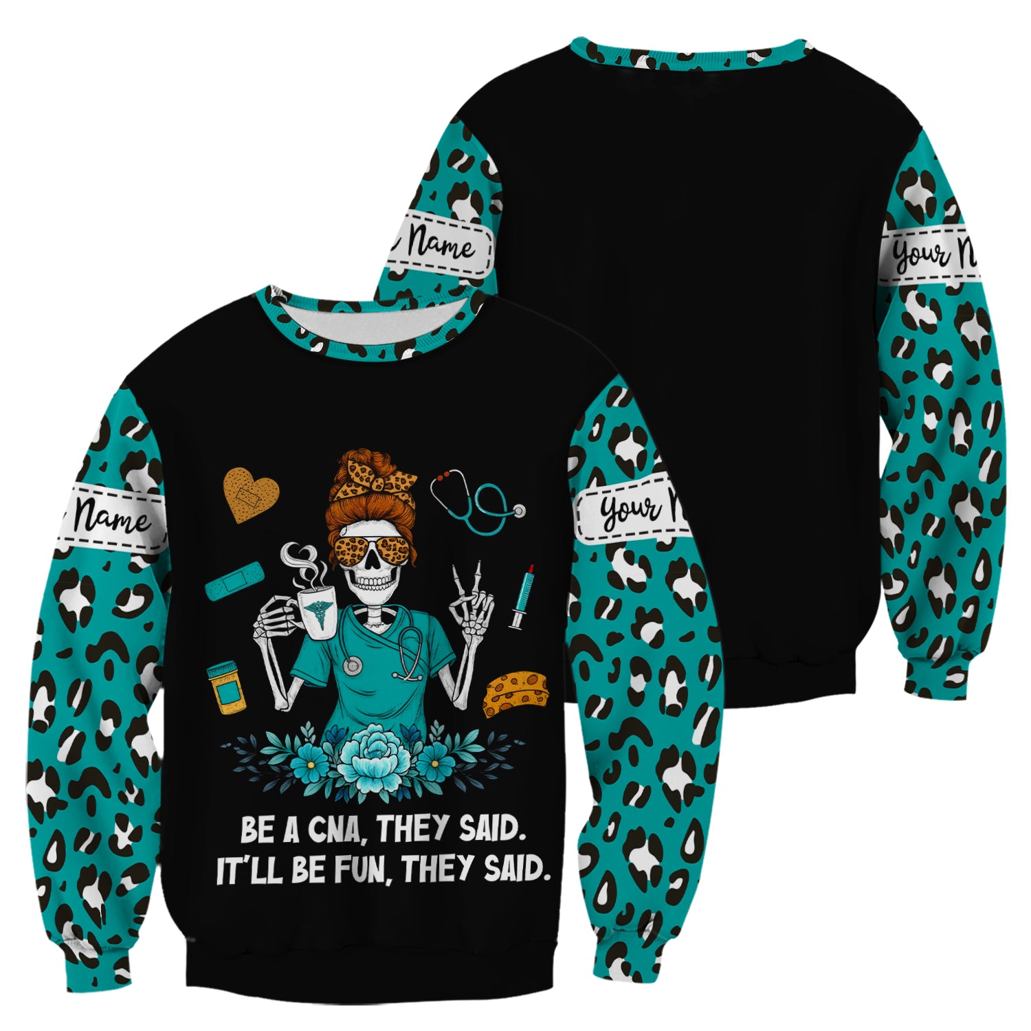 Personalized CNA Skeleton Shirt - Messy Bun Hair & Leopard Print Graphic Tee - Gift for Women CNA & Healthcare Workers