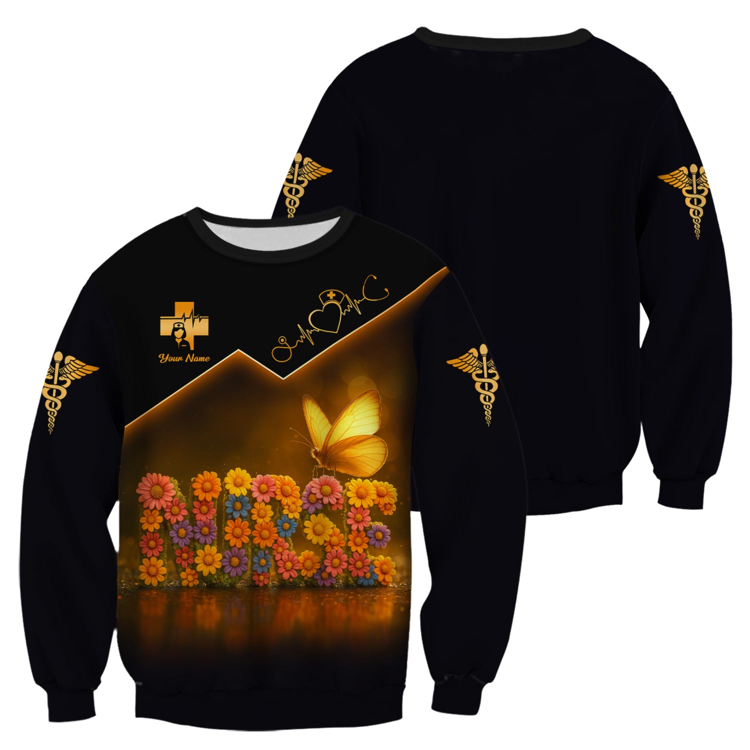 Custom Name Nurse Scrub Top for Women - Floral Butterfly Design with Golden Accents - Medical Uniform Gift for RN LPN CNA