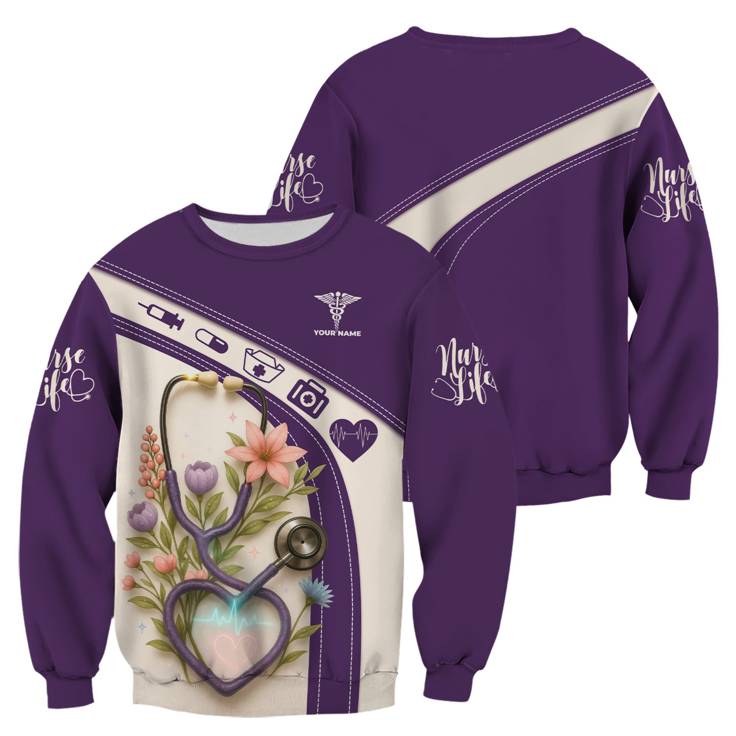 Custom Floral Scrub Top for Nurses - Heartbeat Stethoscope Purple Shirt - Personalized Medical Uniform Gift for RN CNA LPN