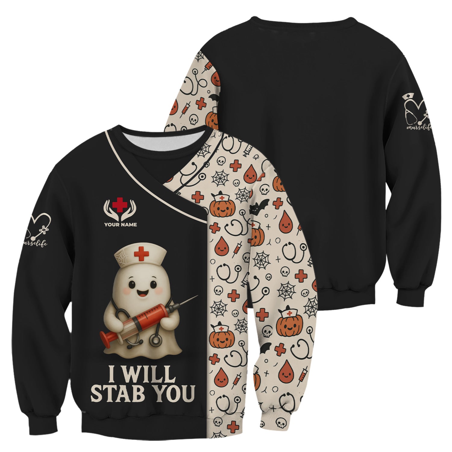 Personalized Funny Halloween Nurse Scrub Top - I Will Stab You Ghost with Syringe for Women RN LPN CNA - Gift for Healthcare Worker