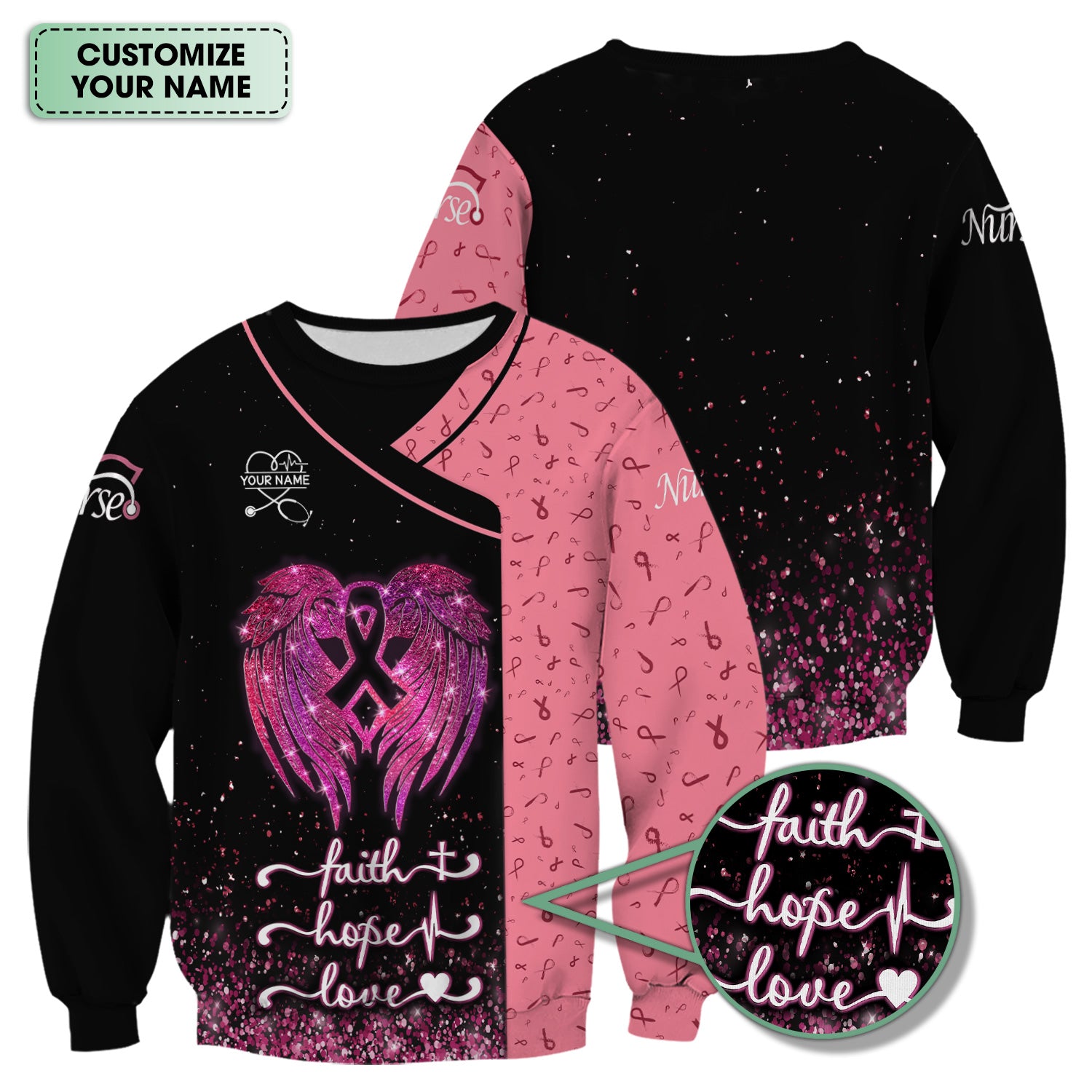 Custom Breast Cancer Warrior Shirt - Pink Glitter Angel Wings & Ribbon Graphic Tee - Gift for Nurse RN LPN CNA