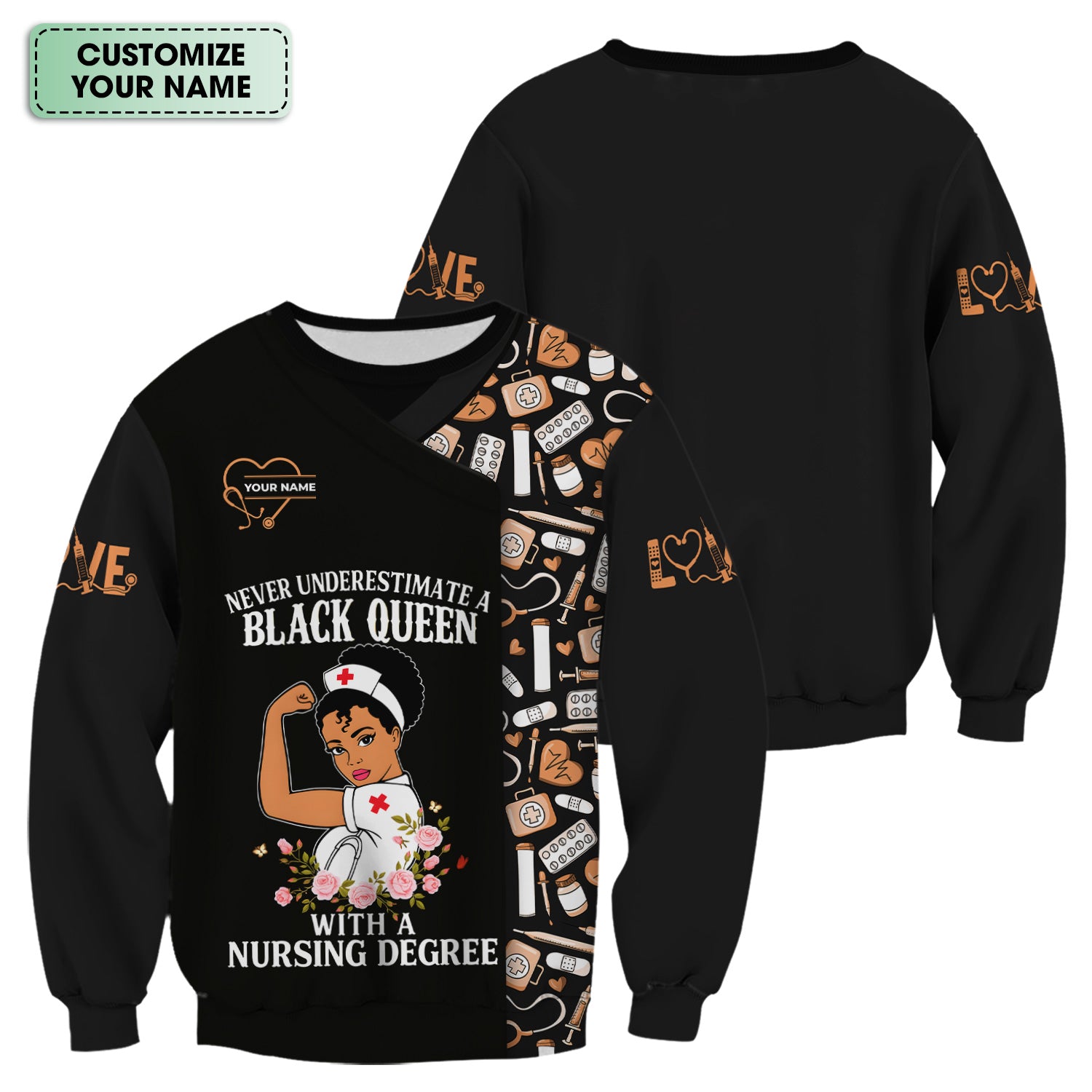 Personalized Nurse Scrub Top for Women - Black Queen With A Nursing Degree - RN LPN CNA Healthcare Workers Gift