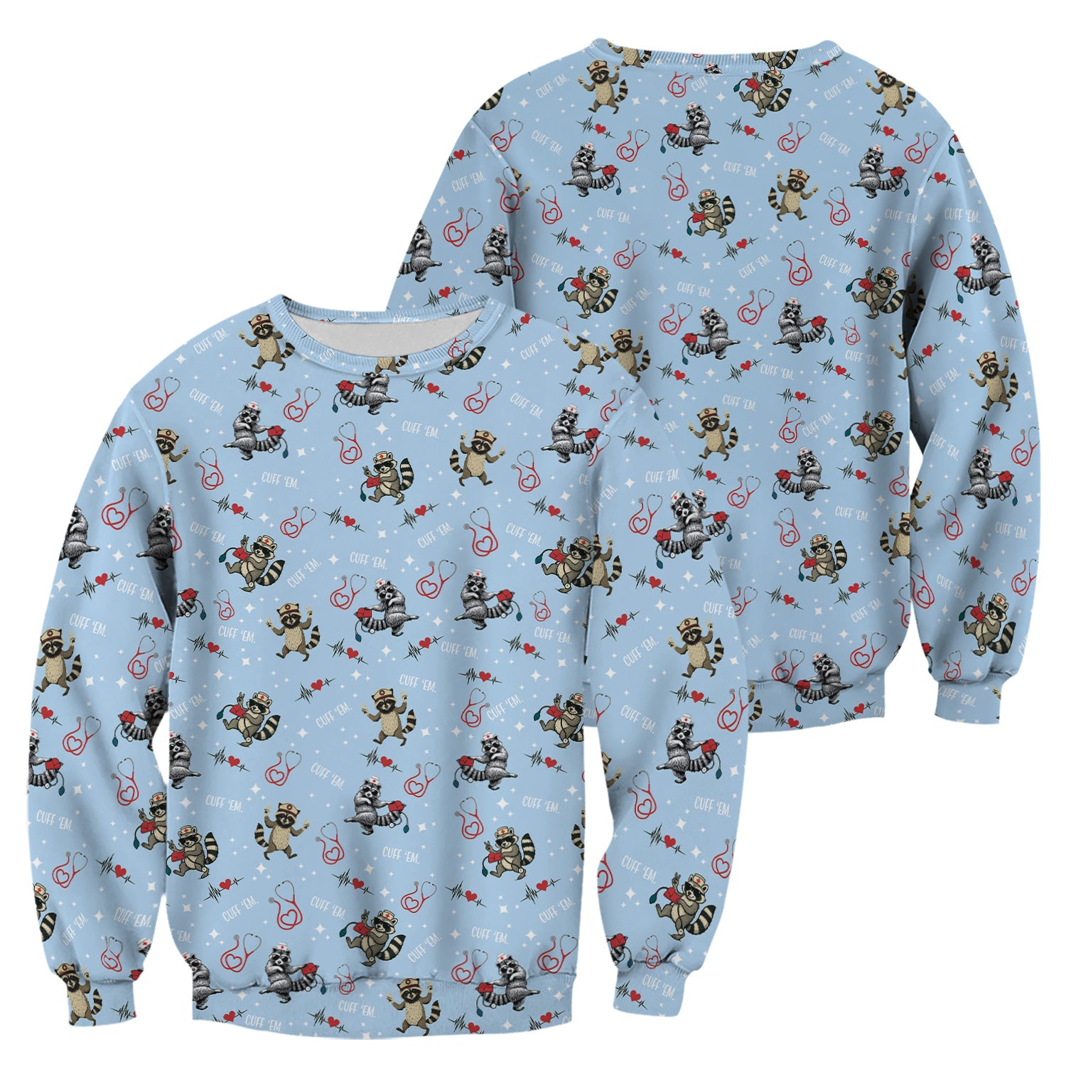 Cuff ‰Û÷Em Raccoon Nurse Shirt - Funny Medical Scrub T-Shirt for CNA EMT LPN - Cute All Over Print Gift for Healthcare Workers