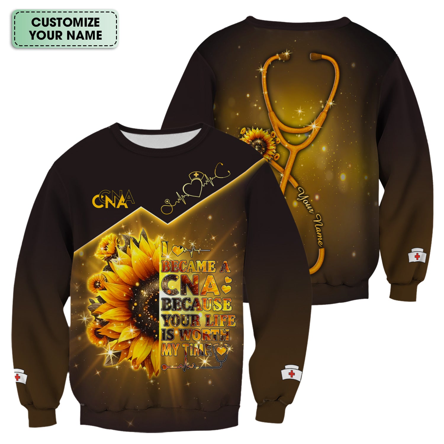 Custom Inspirational CNA T-Shirt - Golden Sunflower & Stethoscope Graphic Tee - Gift for RN LPN Healthcare Workers