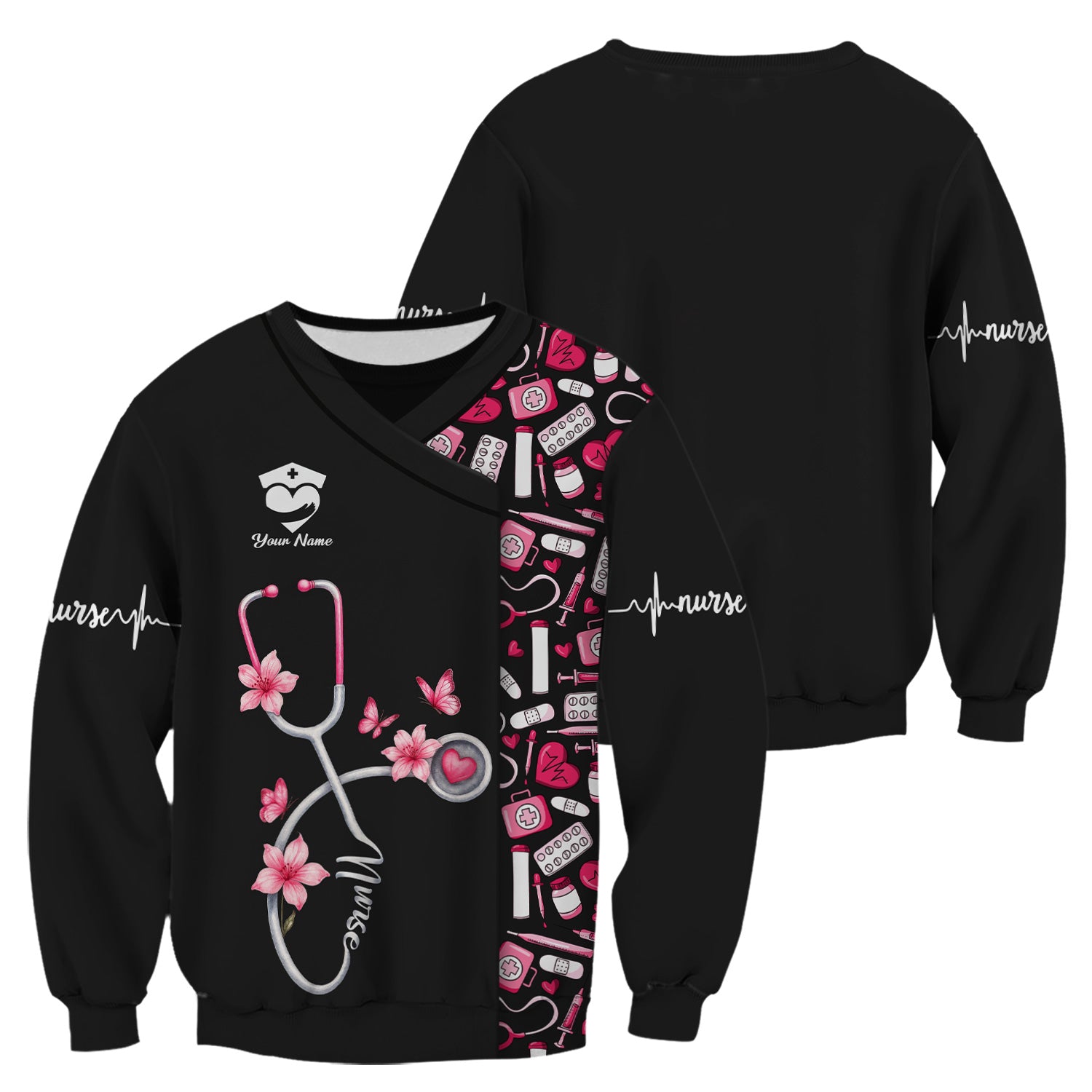 Custom Cute Floral Nurse Scrub Top for Women - Medical Uniform with Stethoscope Design - Comfortable Workwear for RN, CNA, LPN, Medical Staff