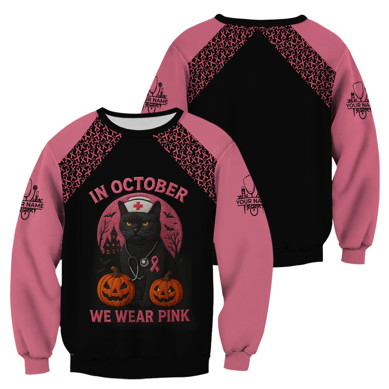 Custom Breast Cancer Awareness Nurse Shirt - In October We Wear Pink Halloween Cat Tee - CNA RN LPN Nursing Apparel Gift