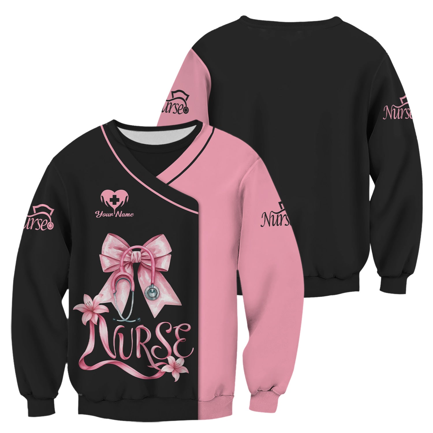 Personalized Pink Nurse Shirt with Name - Cute Bow & Stethoscope Graphic Design - Medical Gift for RN, LPN, CNA
