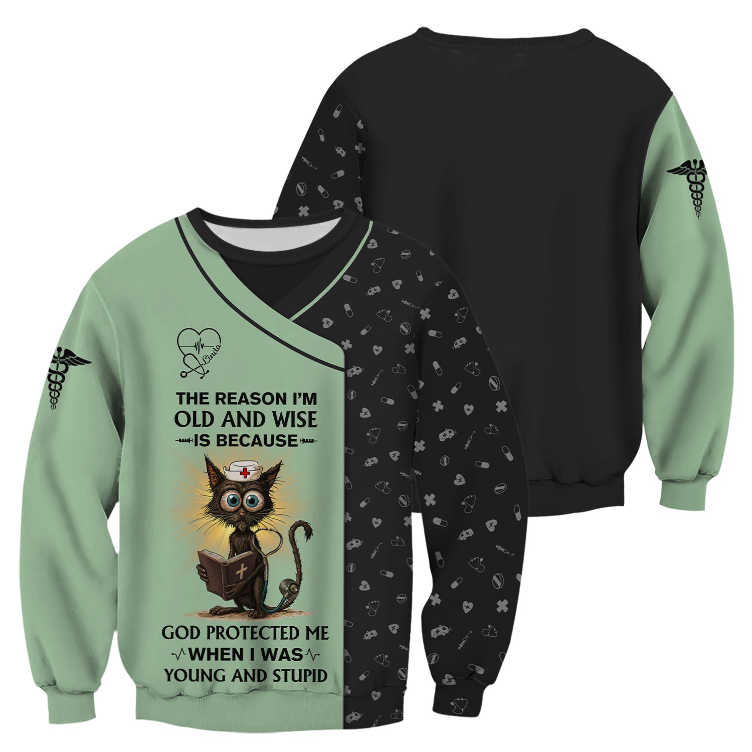 Personalized Funny Christian Nurse Shirt with Cat Design - God Protected Me Quote - Custom Name RN LPN CNA Gift