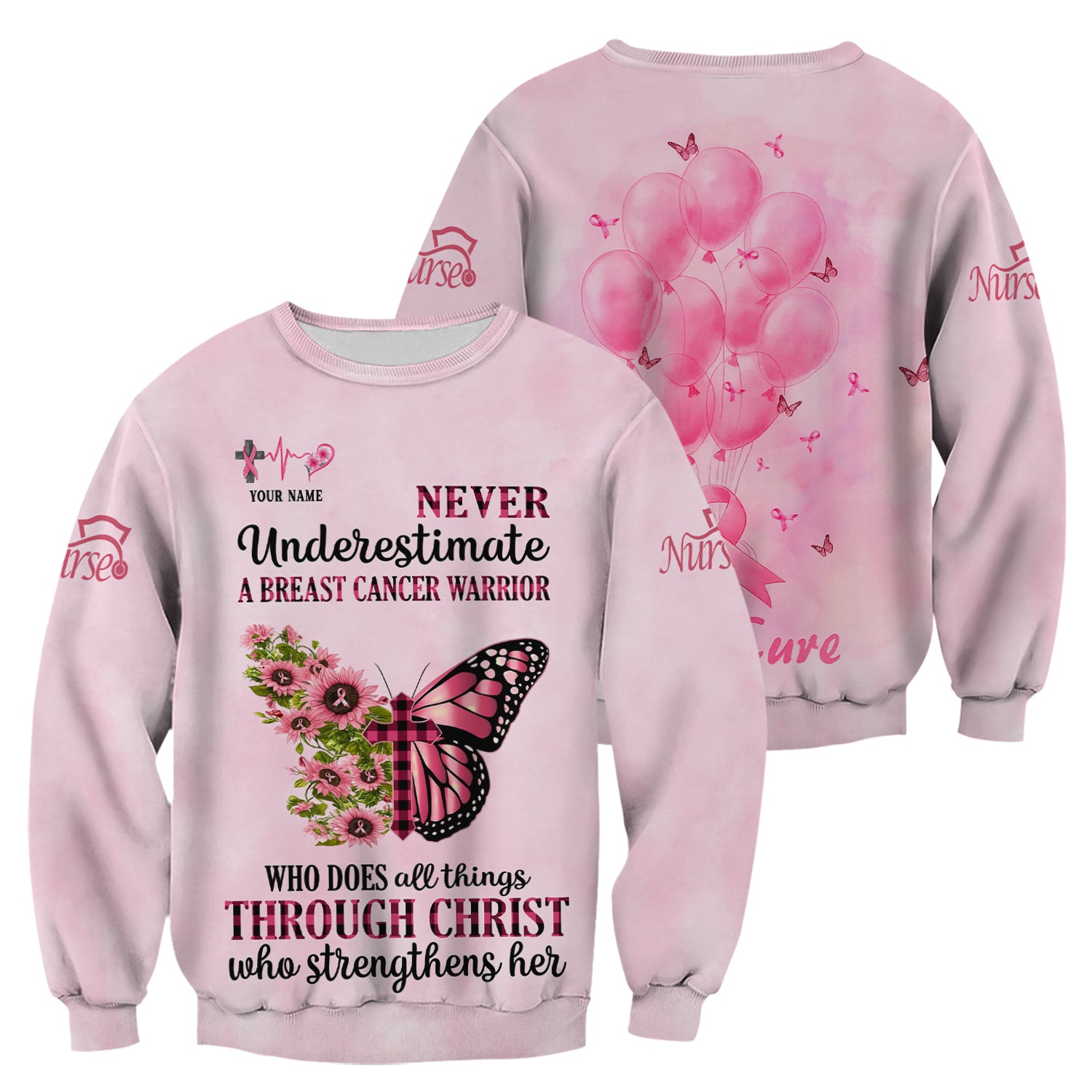 Personalized Breast Cancer Warrior Shirt - Christian Faith Quote & Pink Butterfly Design - Gift for Women RN LPN CNA