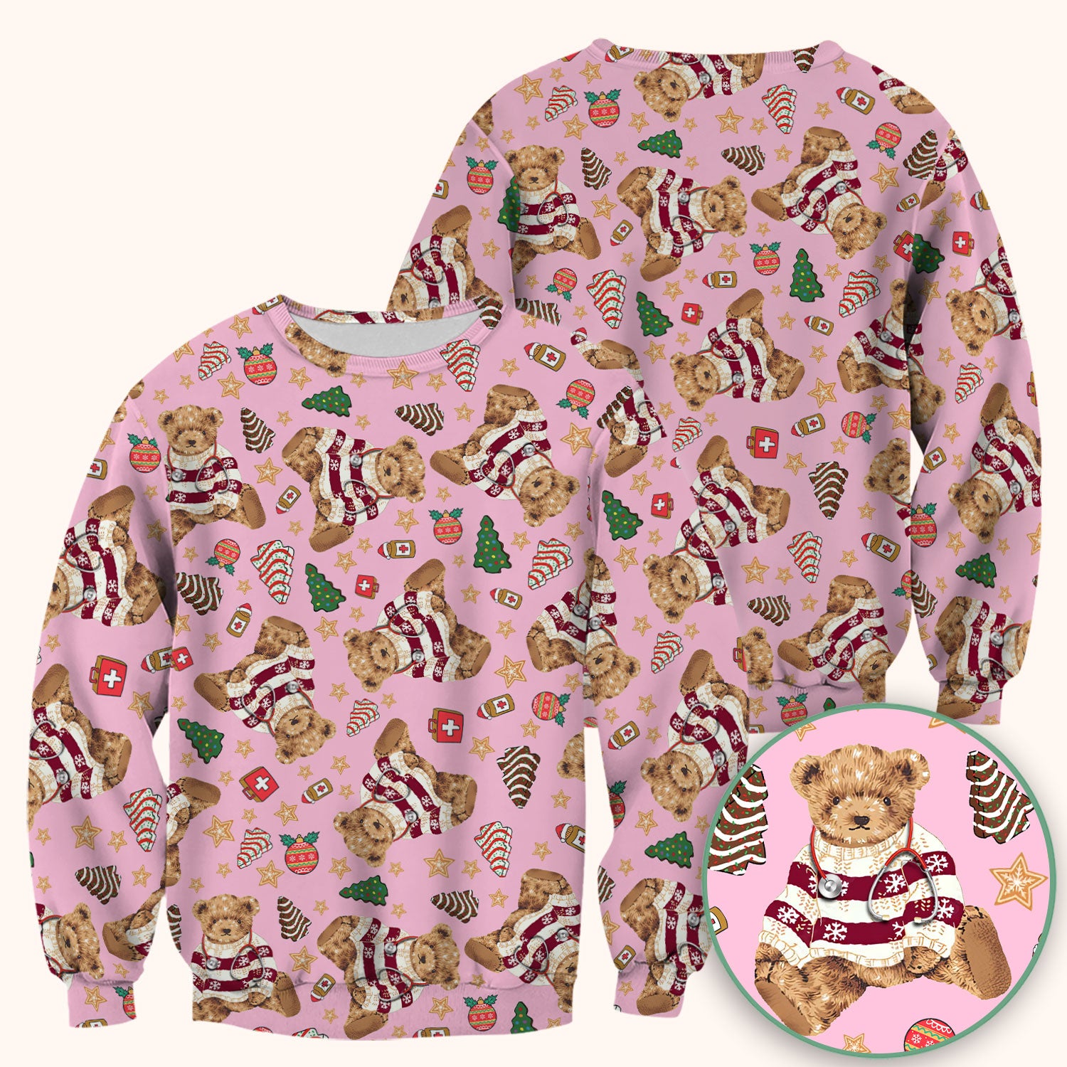 Christmas Teddy Bear Scrub Top for Nurses - Cozy Holiday Pattern with Cute Bear and Medical Icons - Festive Scrubs for Women