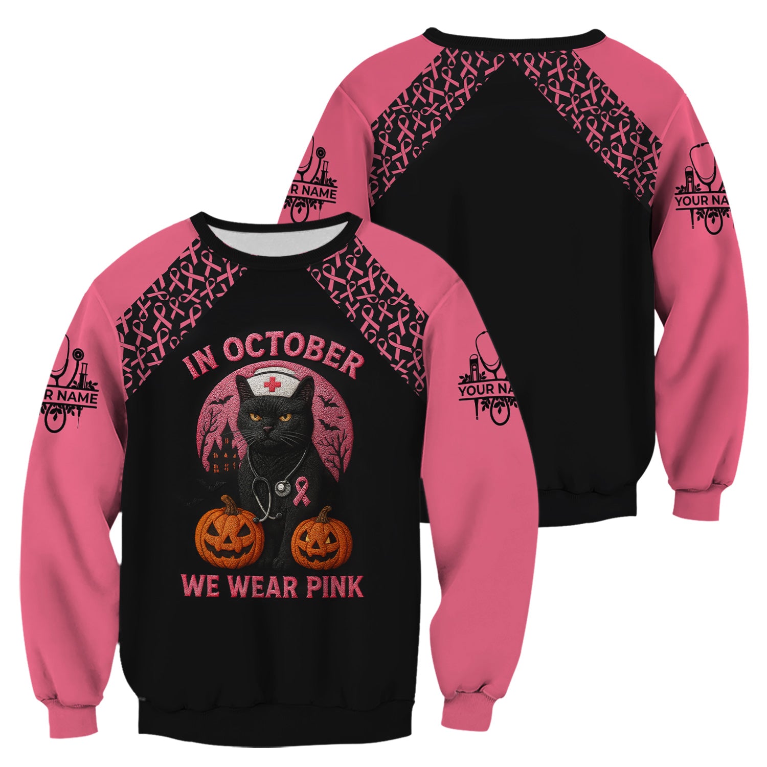 In October We Wear Pink Scrub Top - Breast Cancer Awareness Shirt for Women - Halloween Gift for RN CNA LPN ER