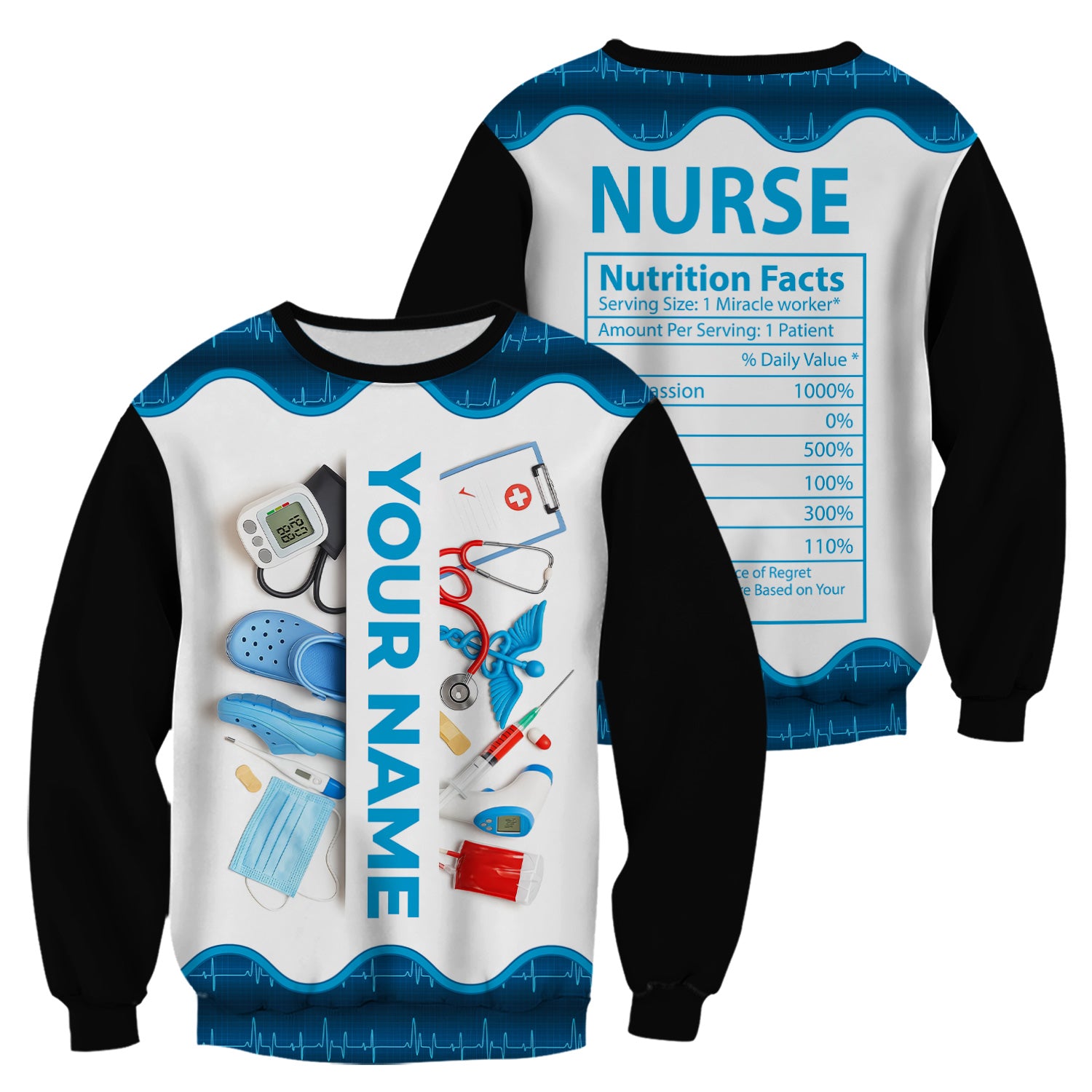Personalized Nurse Nutrition Facts Shirt - Funny Custom Name RN CNA LPN Tee - Medical Supply Graphic Gift for Women Healthcare Workers Who Are Miracle Workers