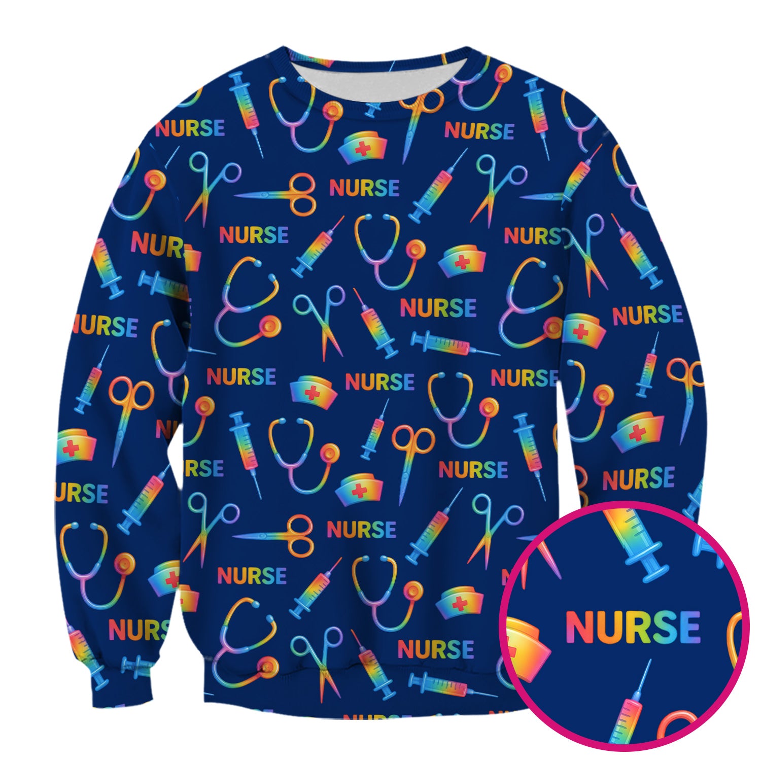 Colorful Nurse Scrub Top for Women - Rainbow Syringe and Scissors Pattern - Fun Medical Scrubs Shirt Gift for RN LPN CNA