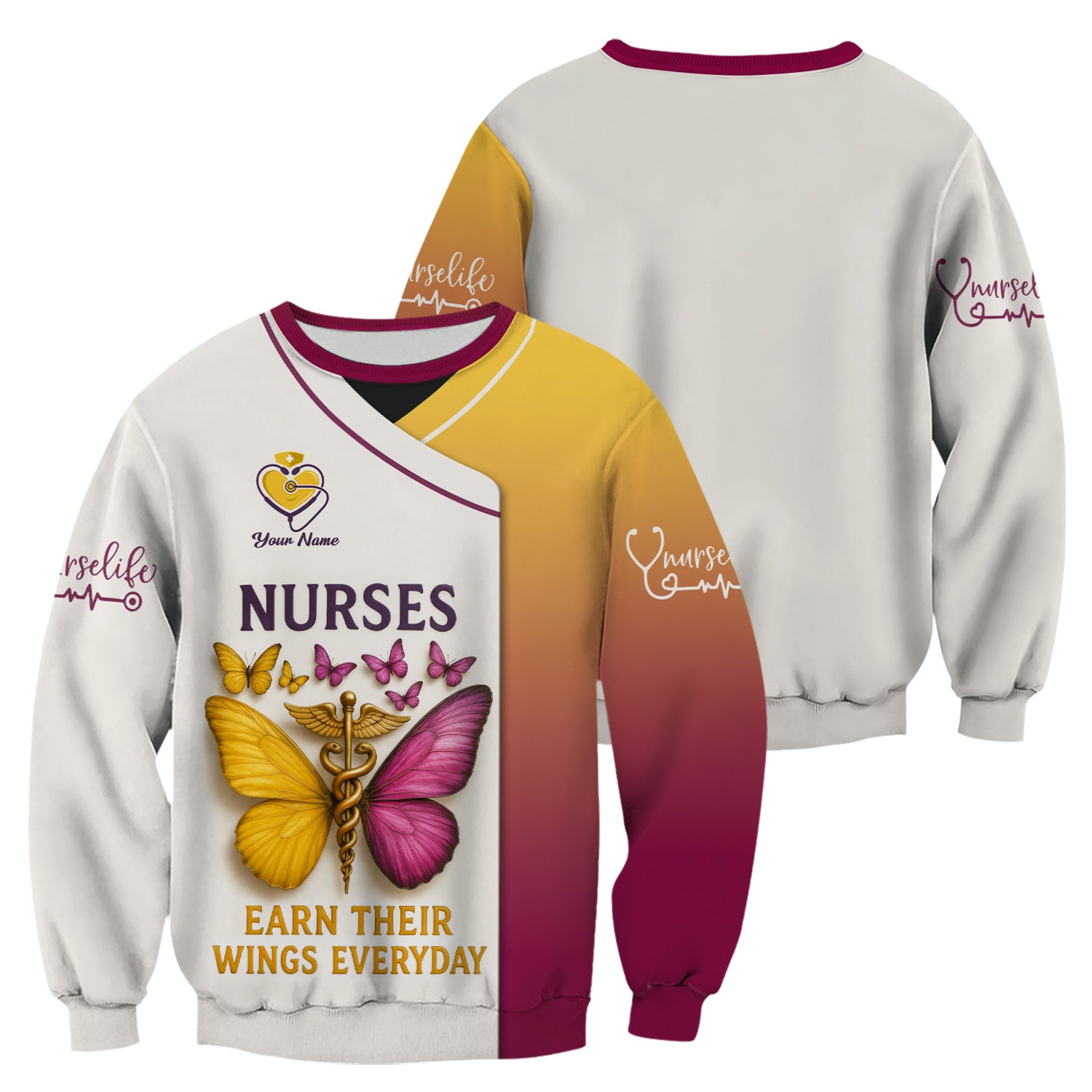 Personalized Butterfly Nurse Shirt - Nurses Earn Their Wings Everyday - Custom RN LPN CNA Uniform Top Gift for Women