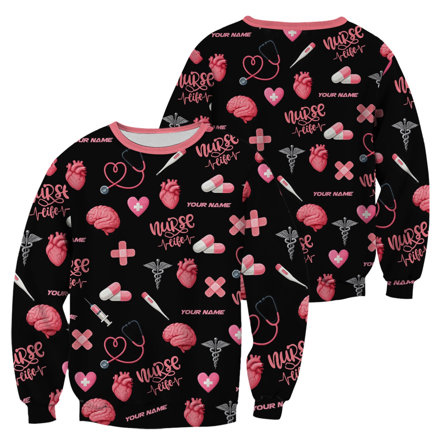 Personalized Nurse Life Shirt - Cute Medical Pattern with Heart Brain Pills Stethoscope - Custom Name Gift for RN CNA LPN Women in Healthcare and Nursing Profession