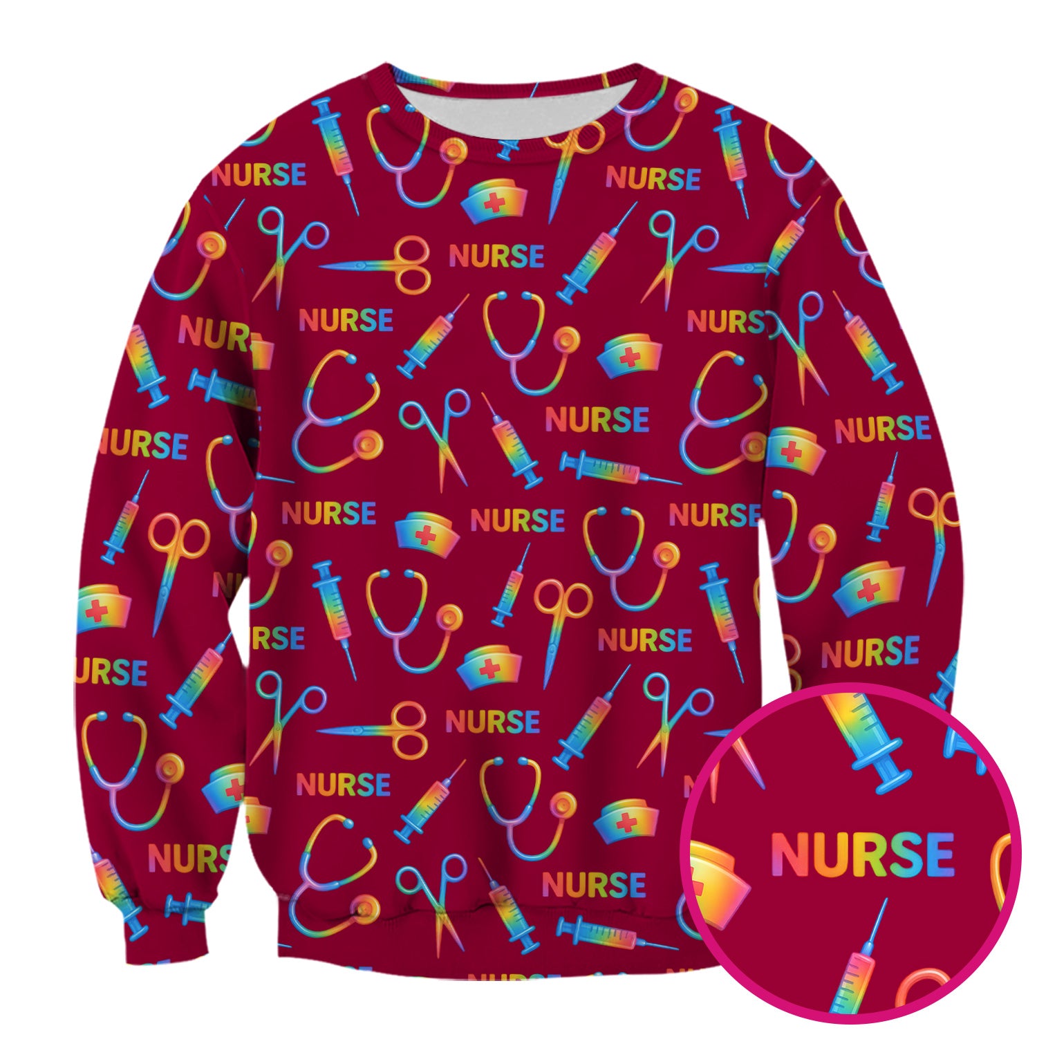 Colorful Nurse Scrub Top for Women - Rainbow Syringe and Scissors Pattern - Fun Medical Scrubs Shirt Gift for RN LPN CNA