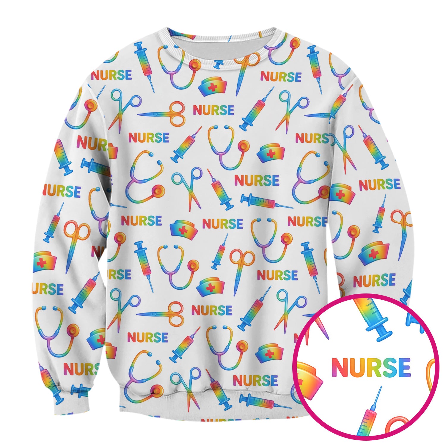 Colorful Nurse Scrub Top for Women - Rainbow Syringe and Scissors Pattern - Fun Medical Scrubs Shirt Gift for RN LPN CNA