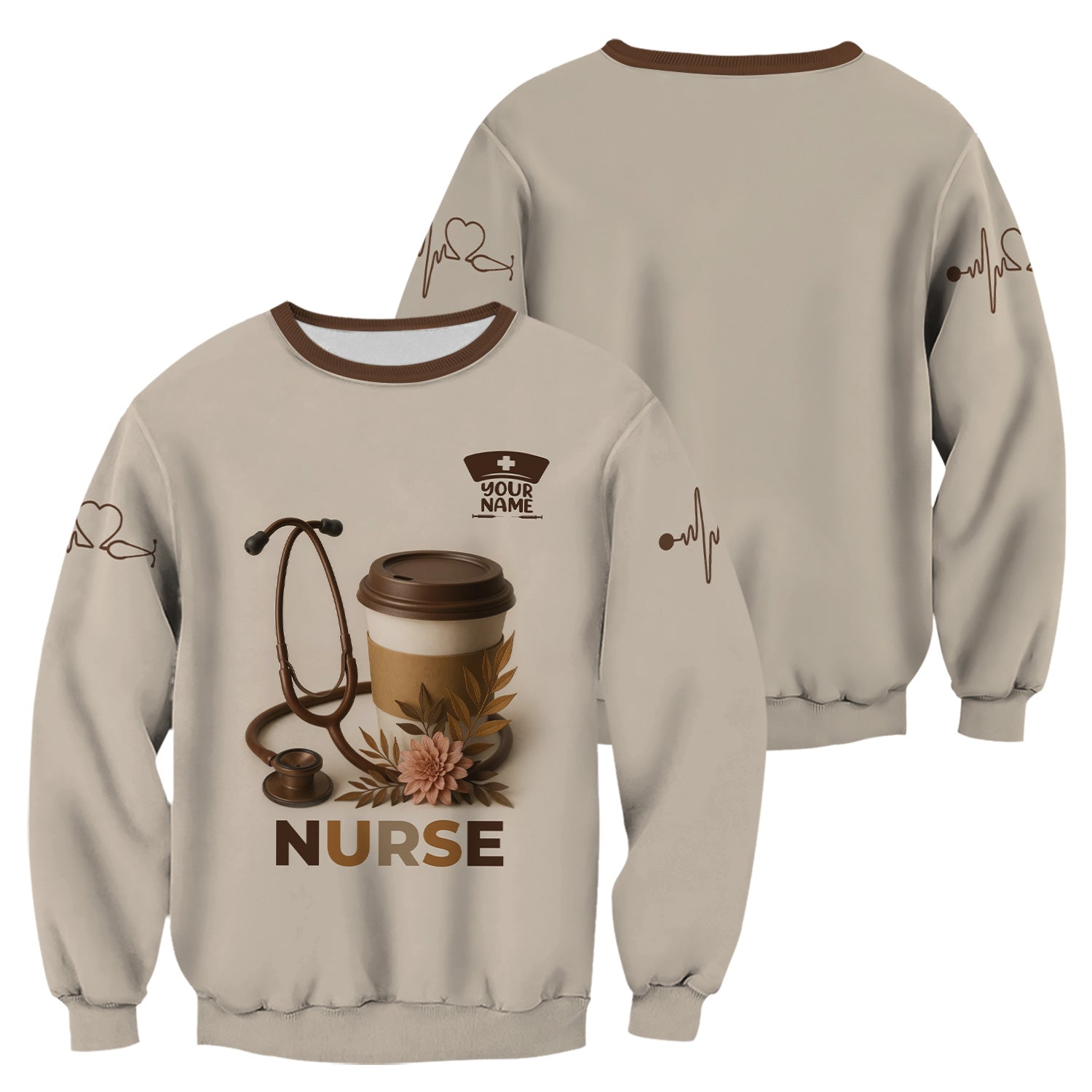 Personalized Coffee Nurse Shirt - Brown Stethoscope Floral Design - Cute Gift for RN LPN CNA Women