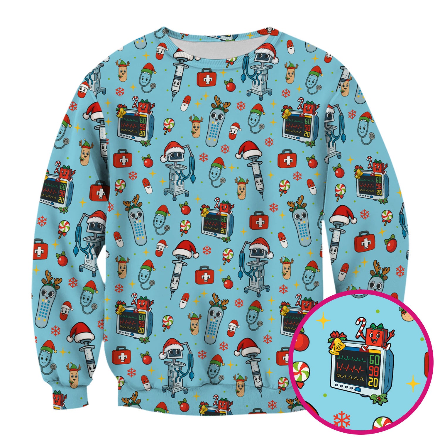 Christmas Scrub Top for Women - Funny Nurse Pattern with Robot & Reindeer - Festive Medical Shirt for Holiday Shifts