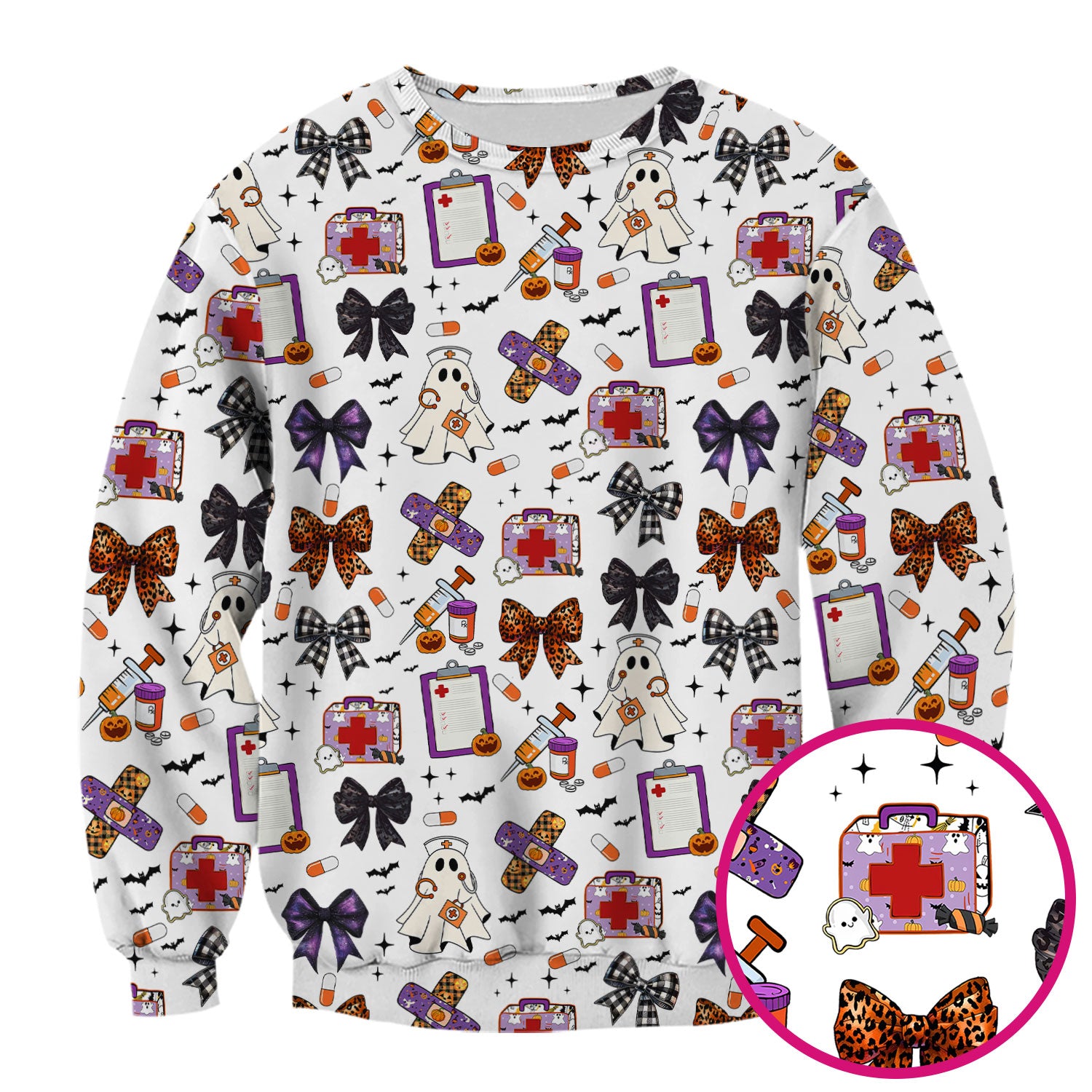 Spooky Cute Nurse Scrubs Top - Ghost, Pumpkin & Bow Print - Fun Halloween Medical Shirt for Women Nurses