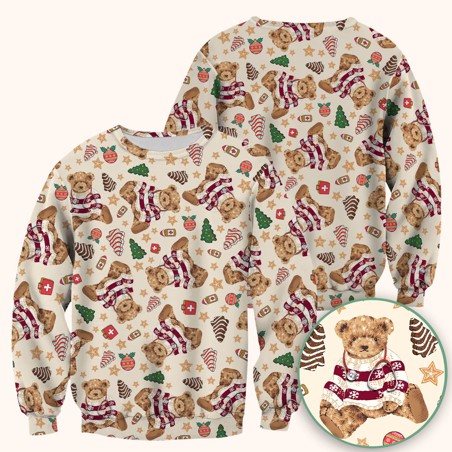 Christmas Teddy Bear Scrub Top for Nurses - Cozy Holiday Pattern with Cute Bear and Medical Icons - Festive Scrubs for Women