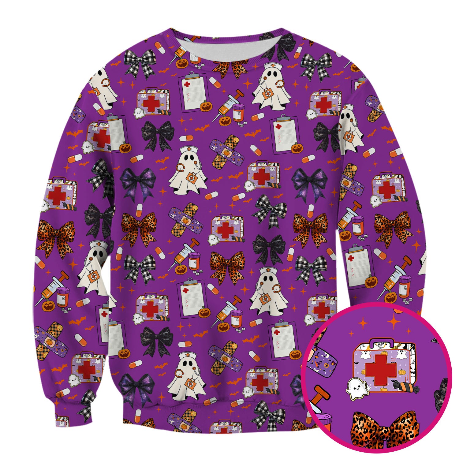 Spooky Cute Nurse Scrubs Top - Ghost, Pumpkin & Bow Print - Fun Halloween Medical Shirt for Women Nurses