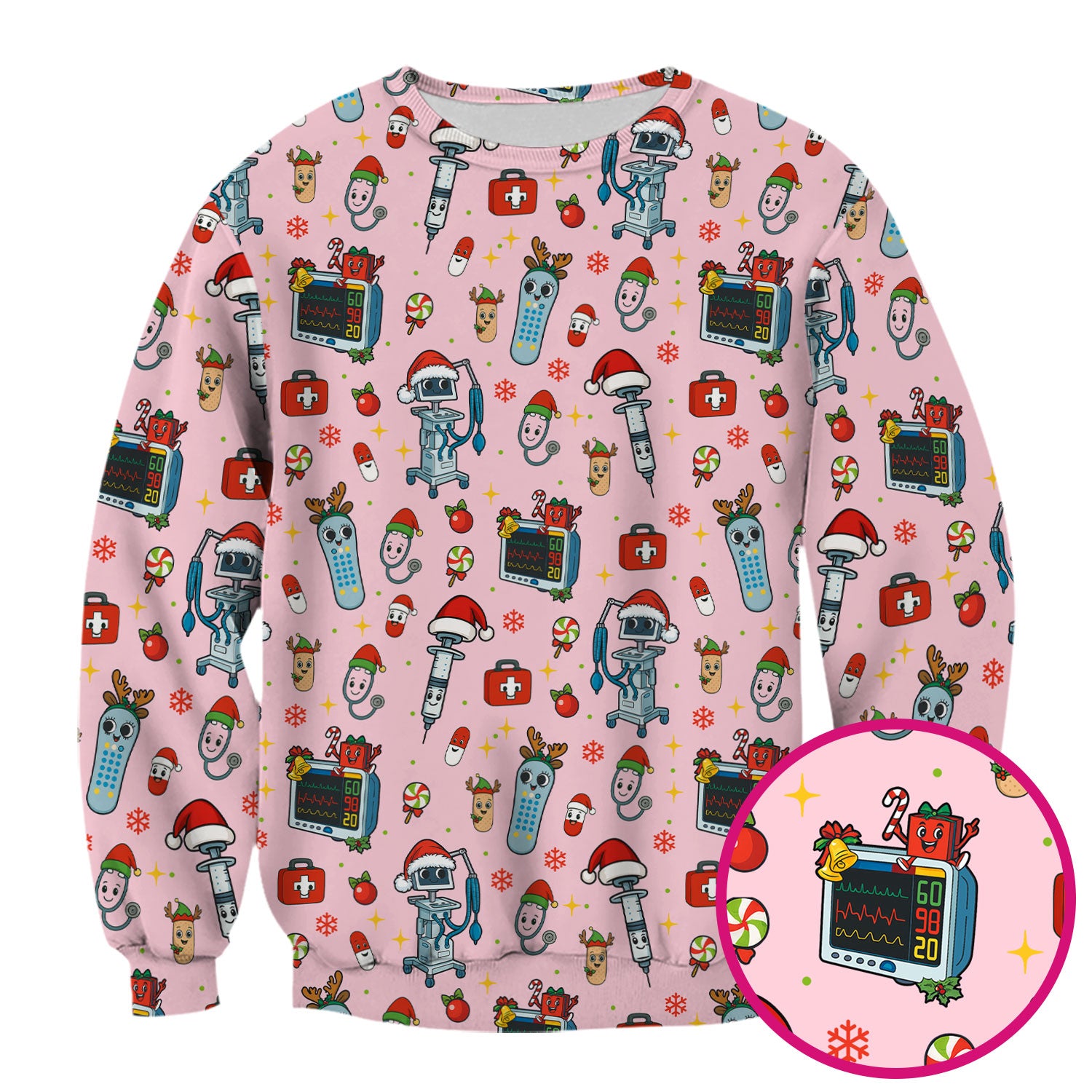 Christmas Scrub Top for Women - Funny Nurse Pattern with Robot & Reindeer - Festive Medical Shirt for Holiday Shifts