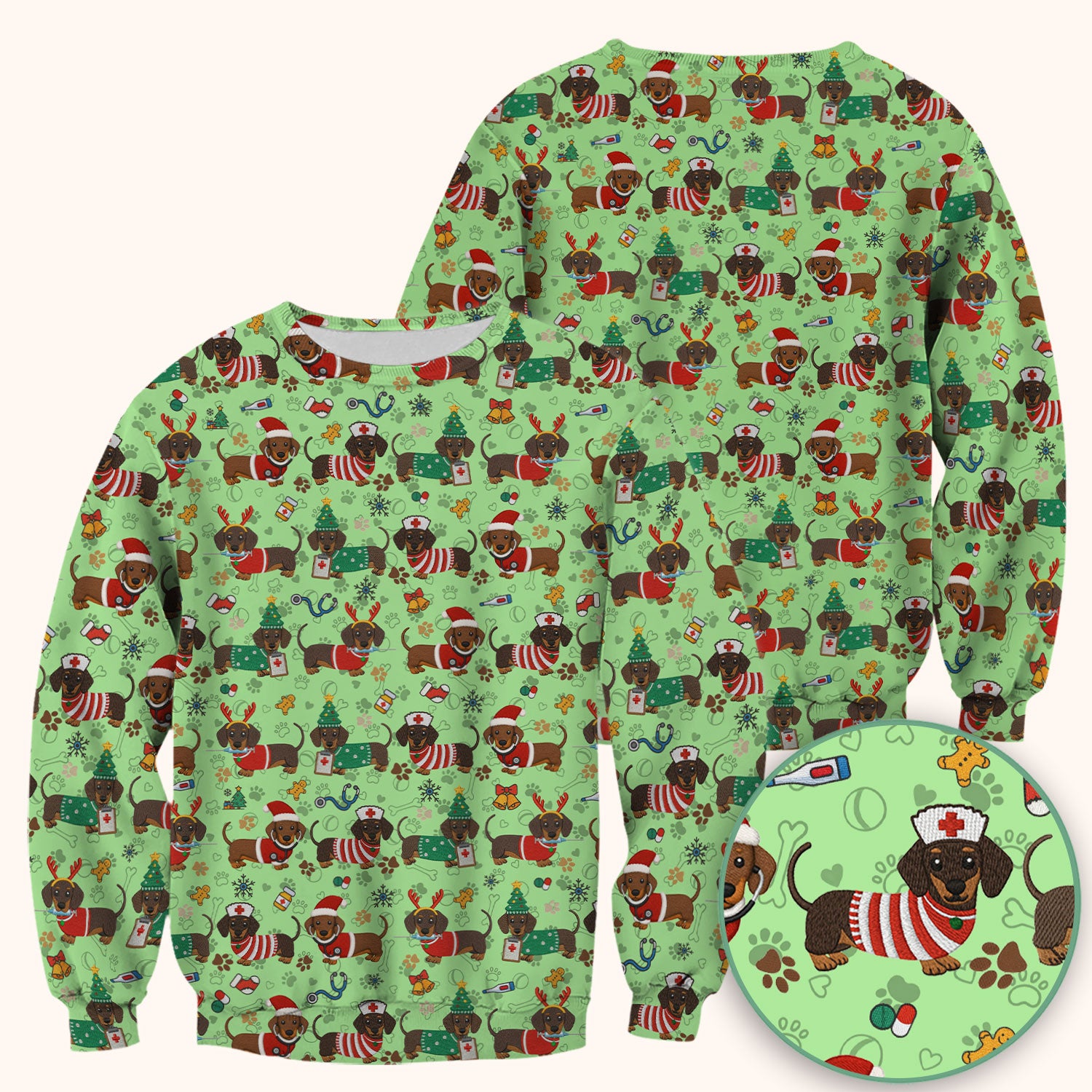 Christmas Wiener Dog Scrub Top for Nurses - Cute Dachshund Medical Shirt - Fun Holiday Scrubs Gift for Women RN CNA LPN