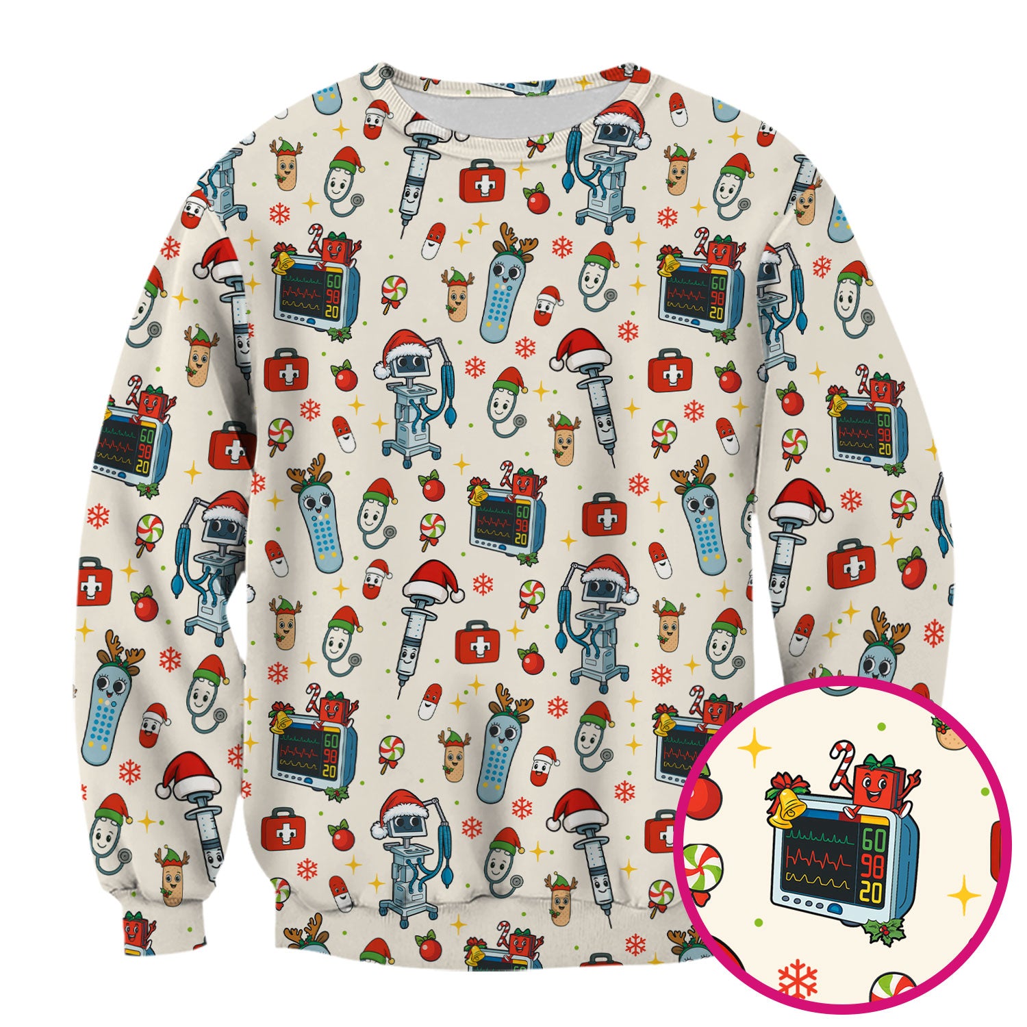 Christmas Scrub Top for Women - Funny Nurse Pattern with Robot & Reindeer - Festive Medical Shirt for Holiday Shifts