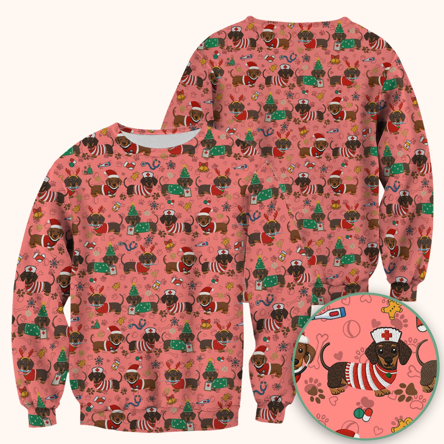 Christmas Wiener Dog Scrub Top for Nurses - Cute Dachshund Medical Shirt - Fun Holiday Scrubs Gift for Women RN CNA LPN