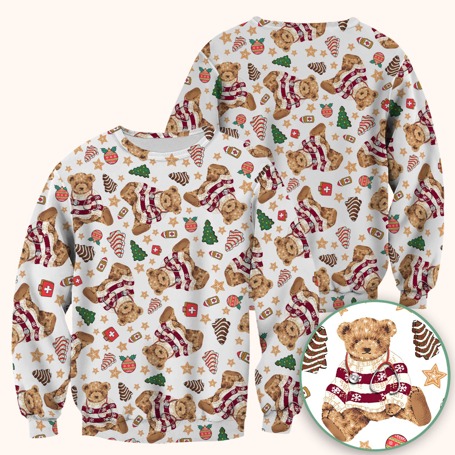 Christmas Teddy Bear Scrub Top for Nurses - Cozy Holiday Pattern with Cute Bear and Medical Icons - Festive Scrubs for Women