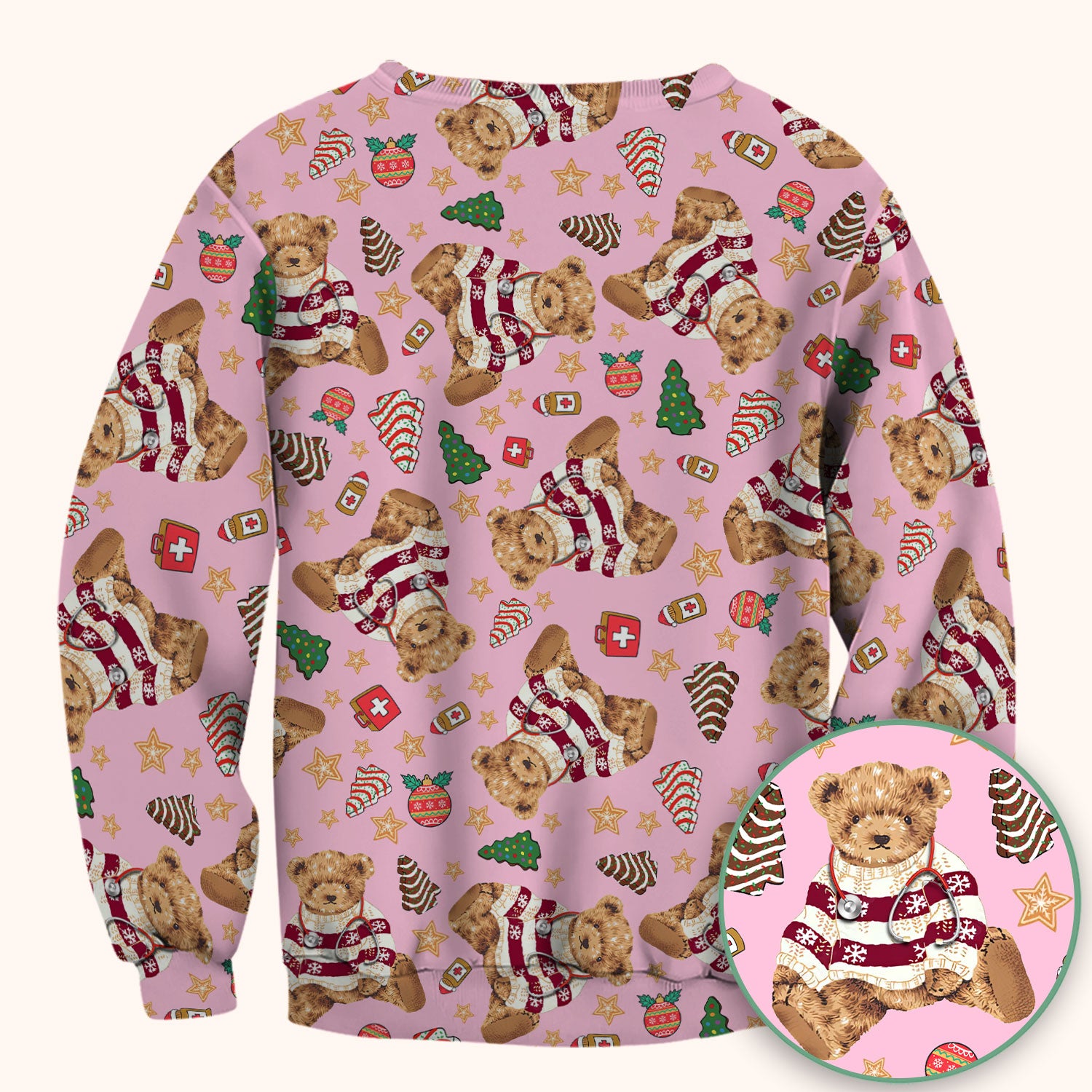 Christmas Teddy Bear Scrub Top for Nurses - Cozy Holiday Pattern with Cute Bear and Medical Icons - Festive Scrubs for Women
