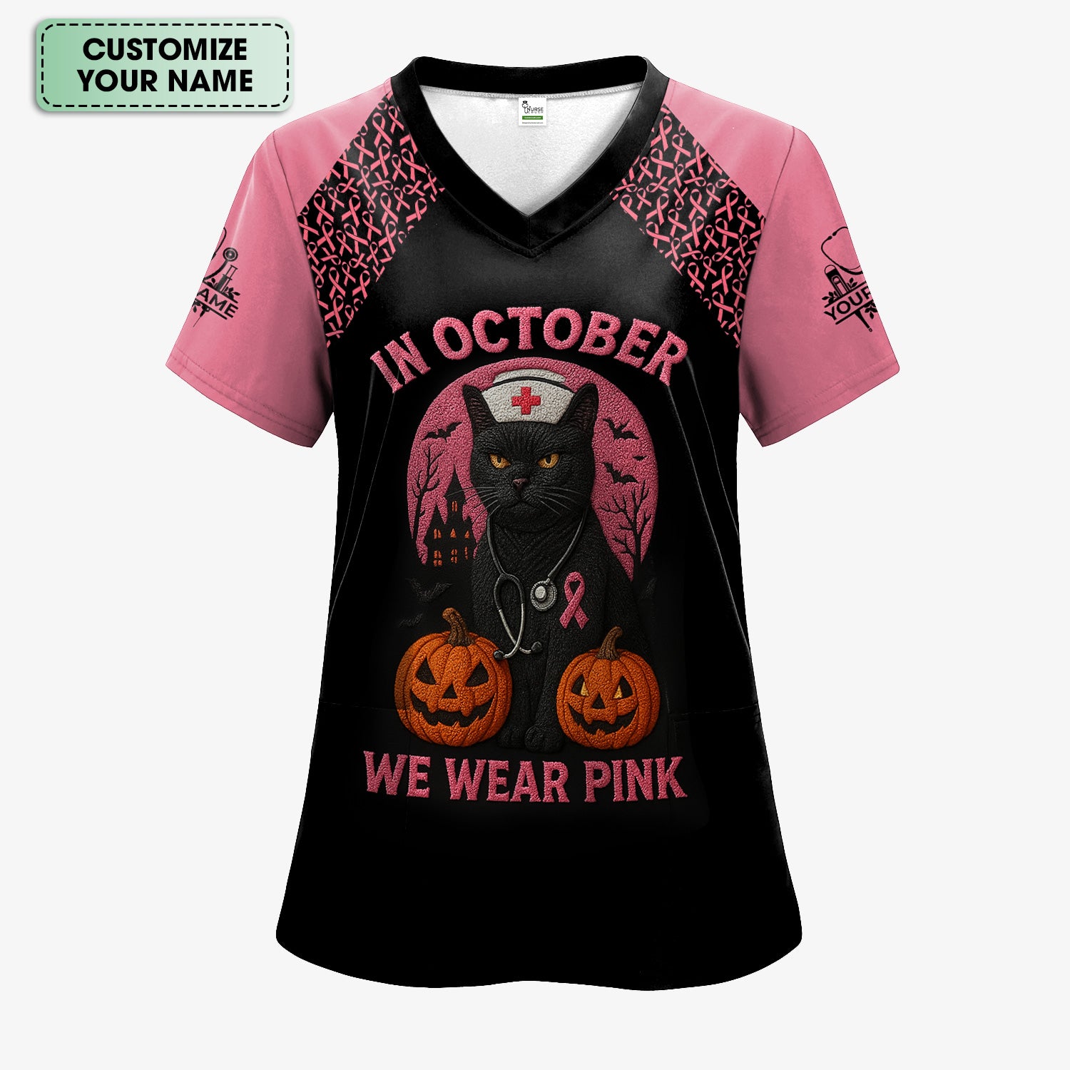 Custom Breast Cancer Awareness Nurse Shirt - In October We Wear Pink Halloween Cat Tee - CNA RN LPN Nursing Apparel Gift
