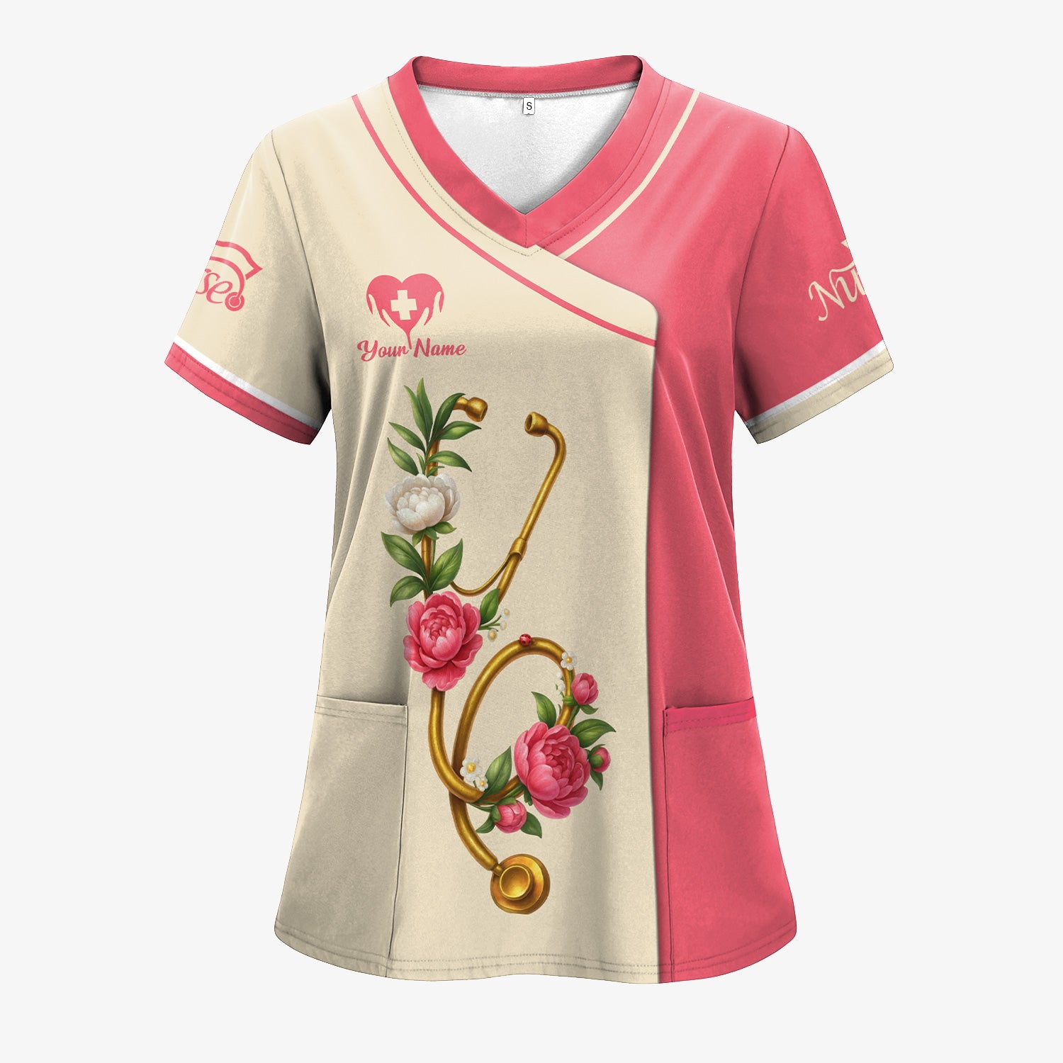 Custom Floral Nurse Scrub Top for Women - Medical Uniform with Stethoscope Design - Gift for RN, CNA, LPN, Medical Staff