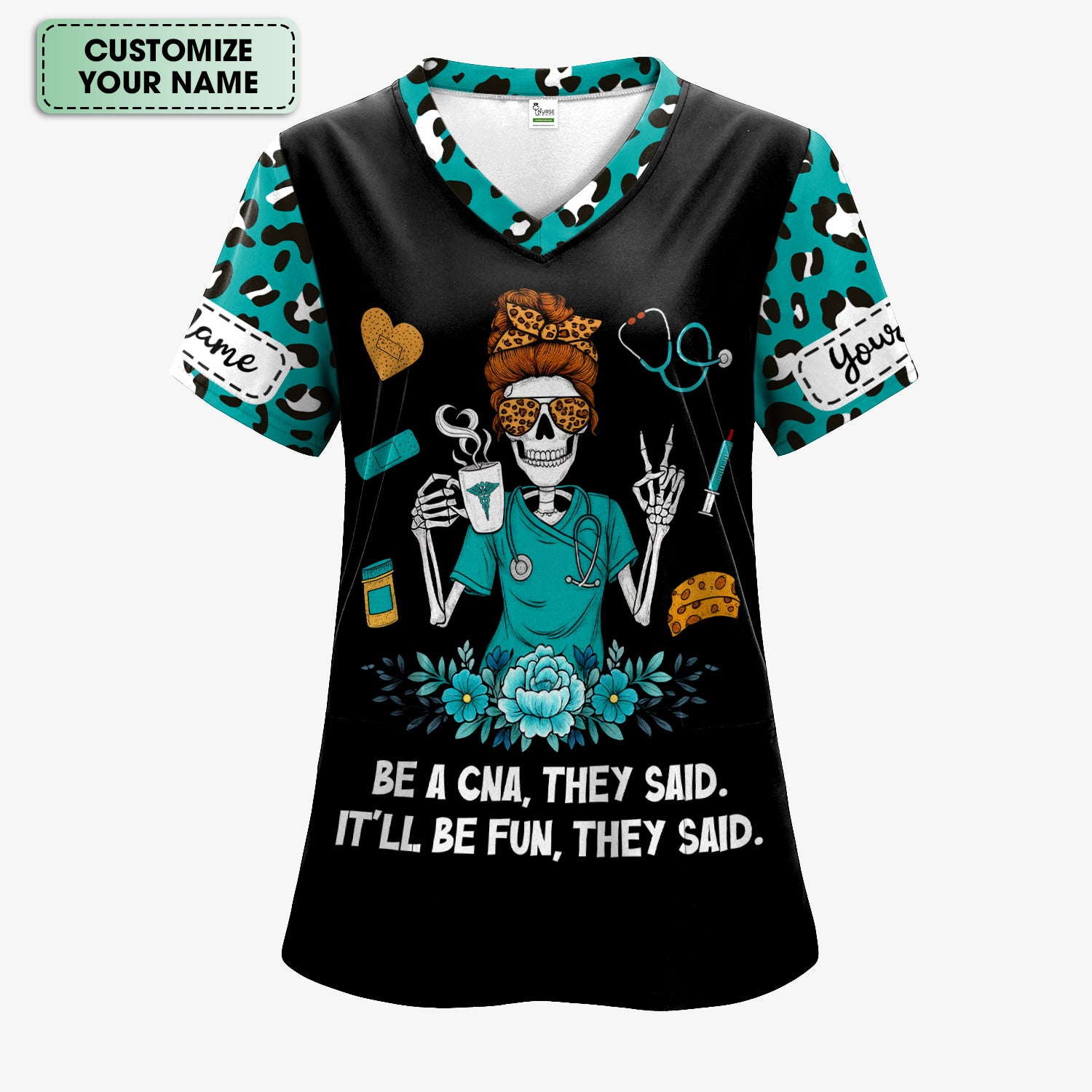 Personalized CNA Skeleton Shirt - Messy Bun Hair & Leopard Print Graphic Tee - Gift for Women CNA & Healthcare Workers