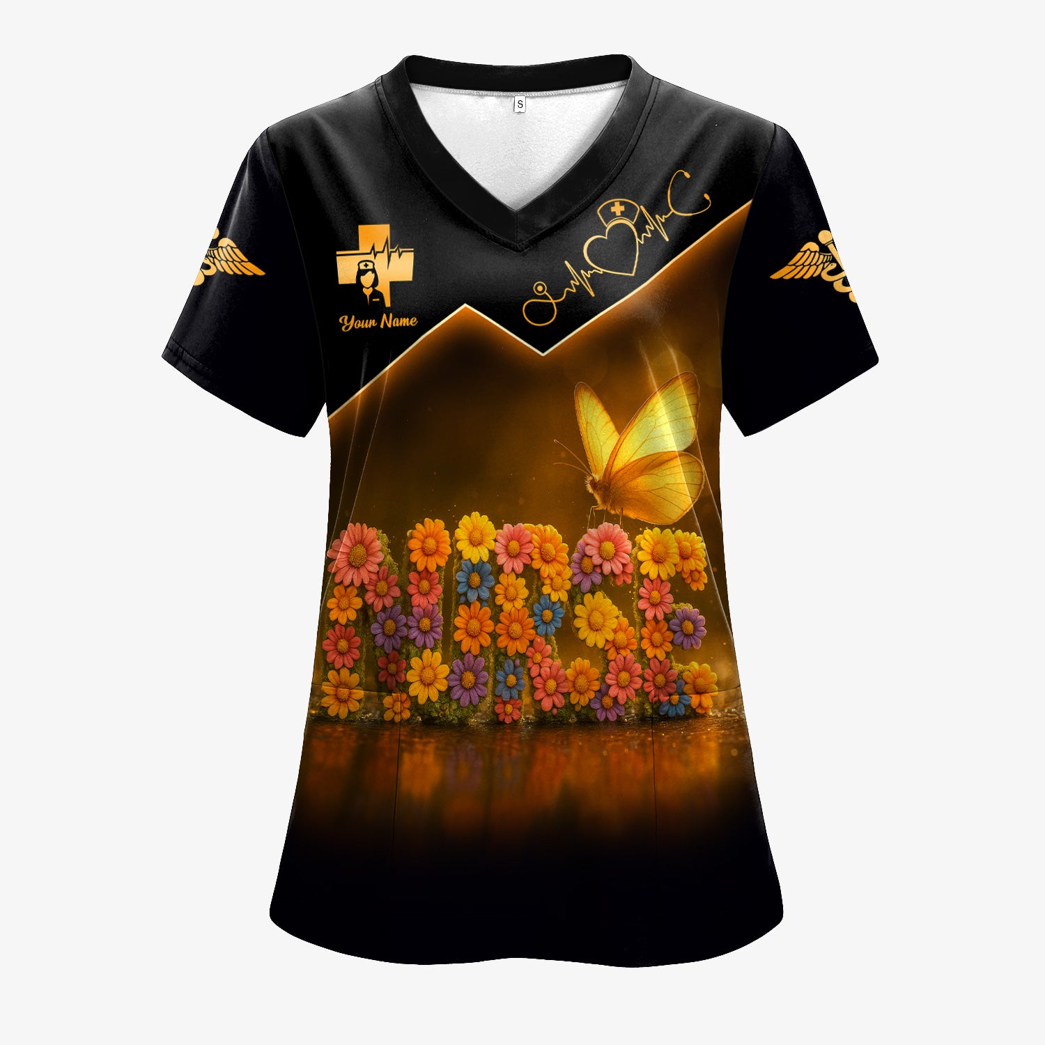 Custom Name Nurse Scrub Top for Women - Floral Butterfly Design with Golden Accents - Medical Uniform Gift for RN LPN CNA