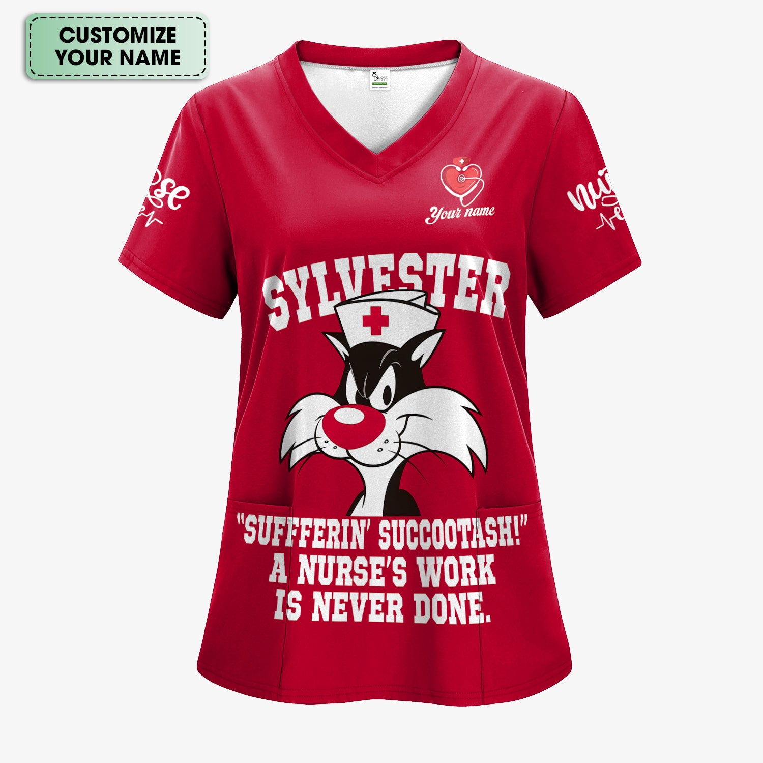 Custom Classic Cartoon Cat Nurse Shirt - A Nurse's Work Is Never Done Sarcastic Quote - Gift for RN LPN CNA