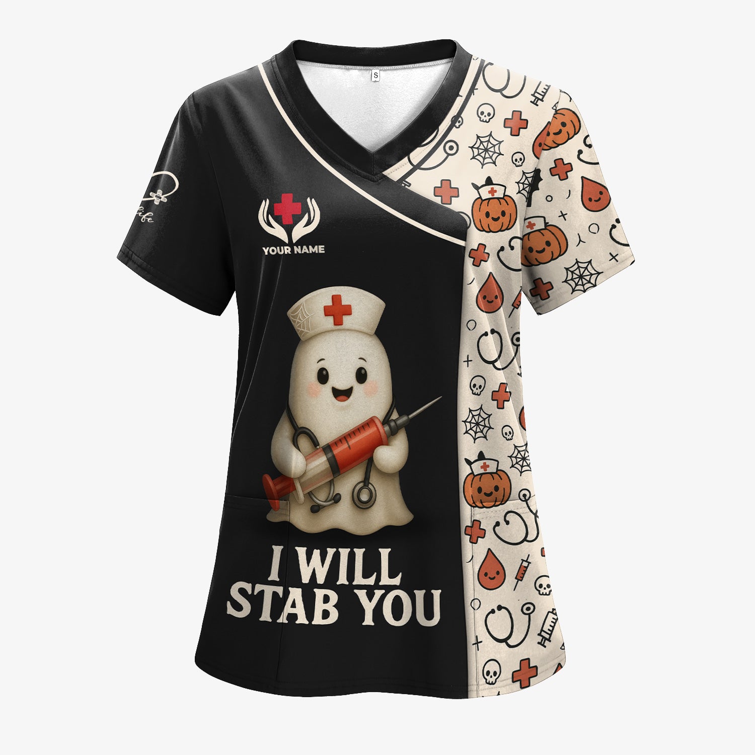 Personalized Funny Halloween Nurse Scrub Top - I Will Stab You Ghost with Syringe for Women RN LPN CNA - Gift for Healthcare Worker