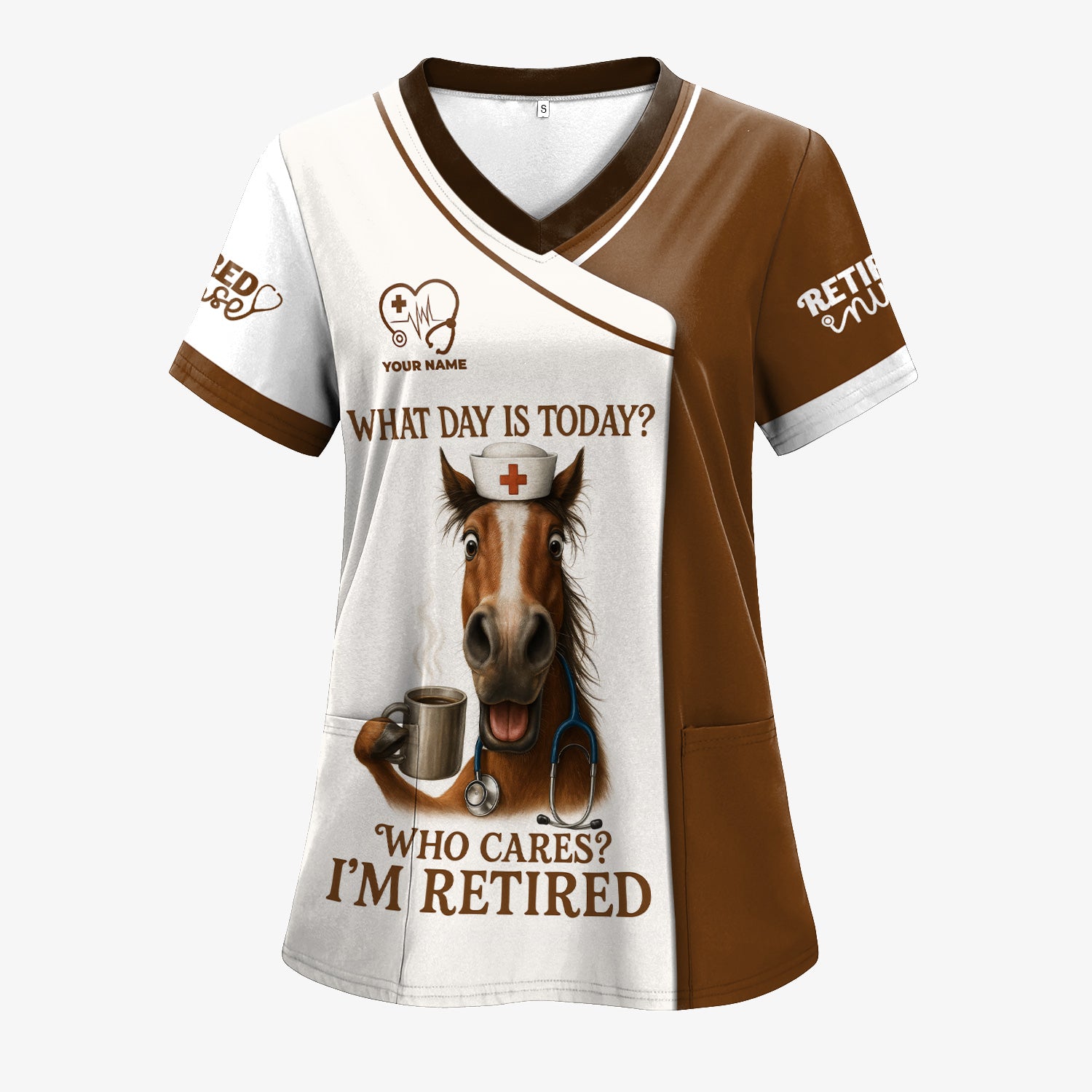 Funny Scrubs Top for Retired Nurse - Horse Design with Coffee Mug Quote - RN LPN Medical Staff Retirement Gift