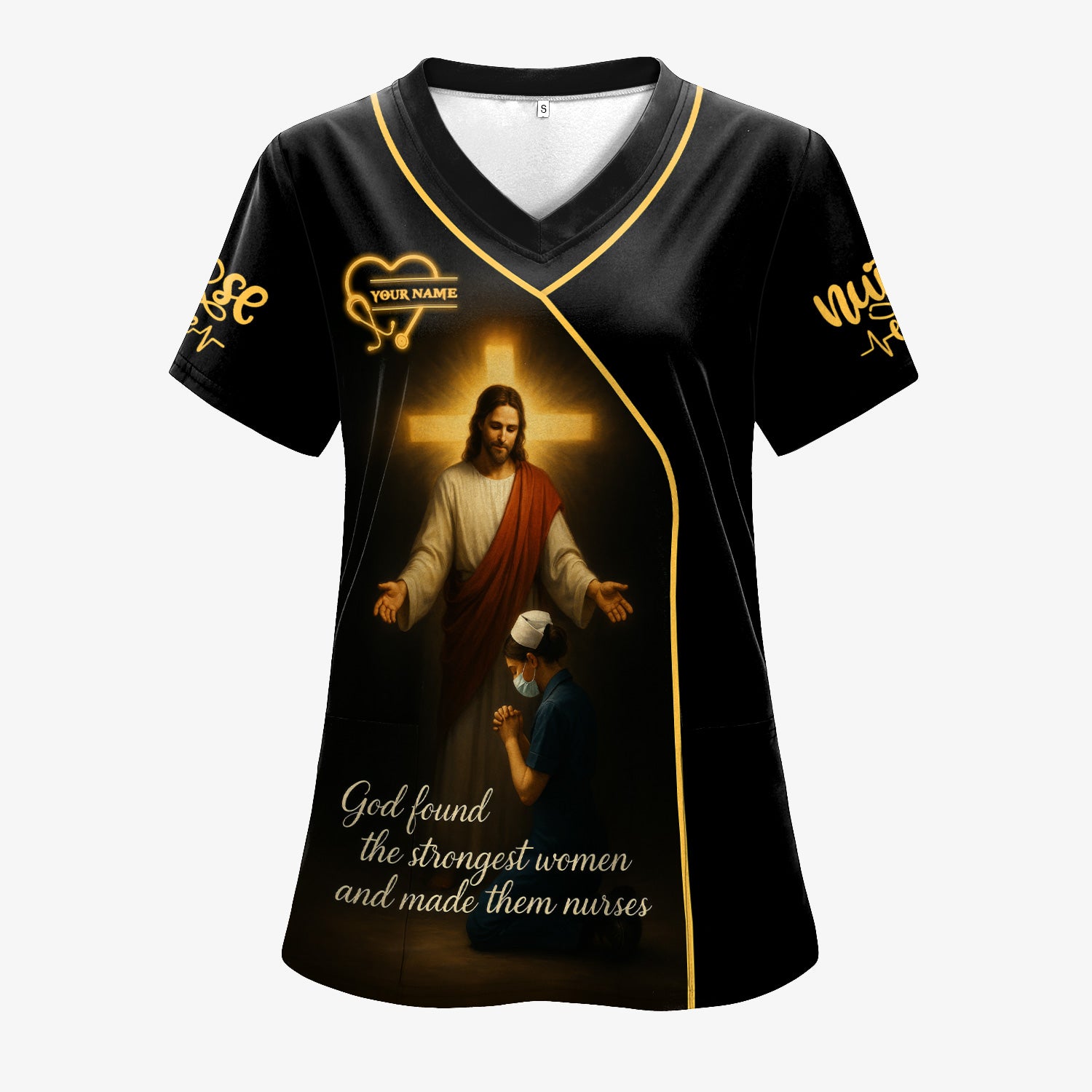 God Found the Strongest Women Nurse Shirt - Christian Faith Scrub Top for RN CNA - Custom Name Spiritual Medical Uniform Gift