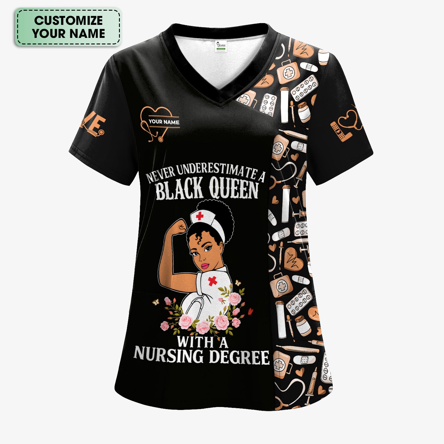 Personalized Nurse Scrub Top for Women - Black Queen With A Nursing Degree - RN LPN CNA Healthcare Workers Gift