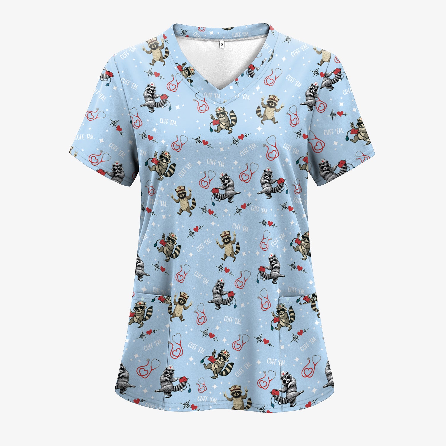 Cuff ‰Û÷Em Raccoon Nurse Shirt - Funny Medical Scrub T-Shirt for CNA EMT LPN - Cute All Over Print Gift for Healthcare Workers