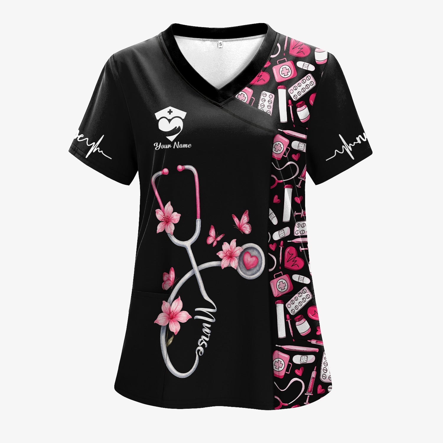 Custom Cute Floral Nurse Scrub Top for Women - Medical Uniform with Stethoscope Design - Comfortable Workwear for RN, CNA, LPN, Medical Staff