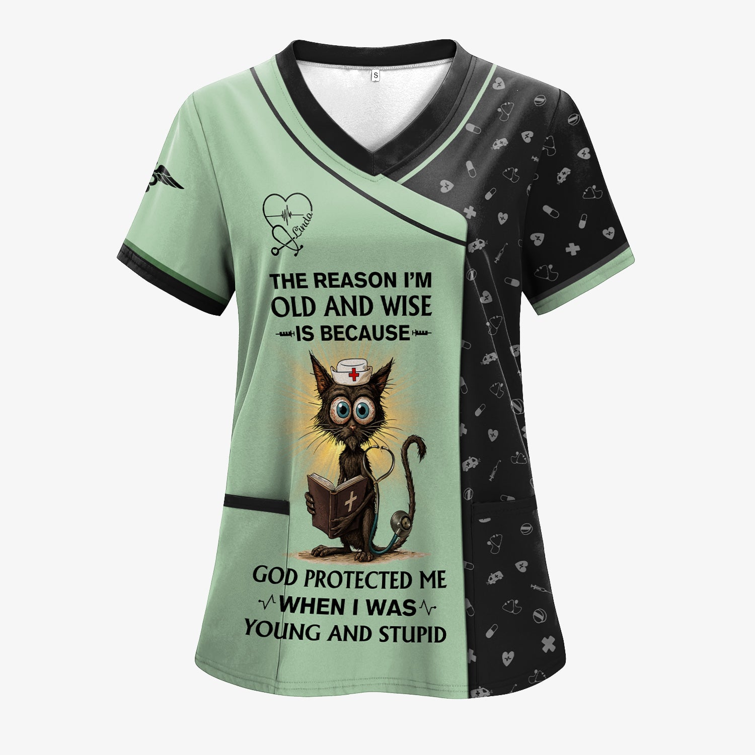 Personalized Funny Christian Nurse Shirt with Cat Design - God Protected Me Quote - Custom Name RN LPN CNA Gift