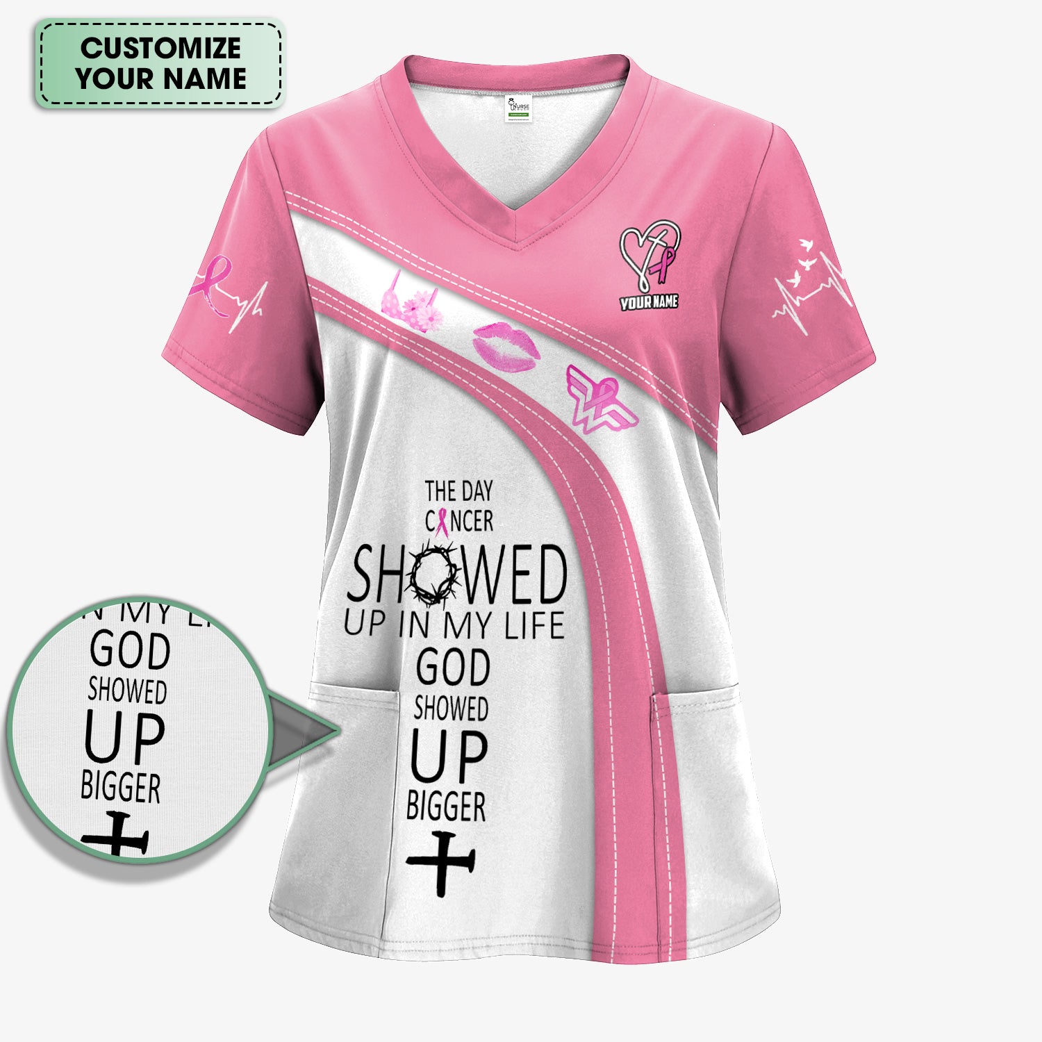 Custom Breast Cancer Awareness Faith Scrub - The Day Cancer Showed Up Quote - Gift for Women RN LPN CNA