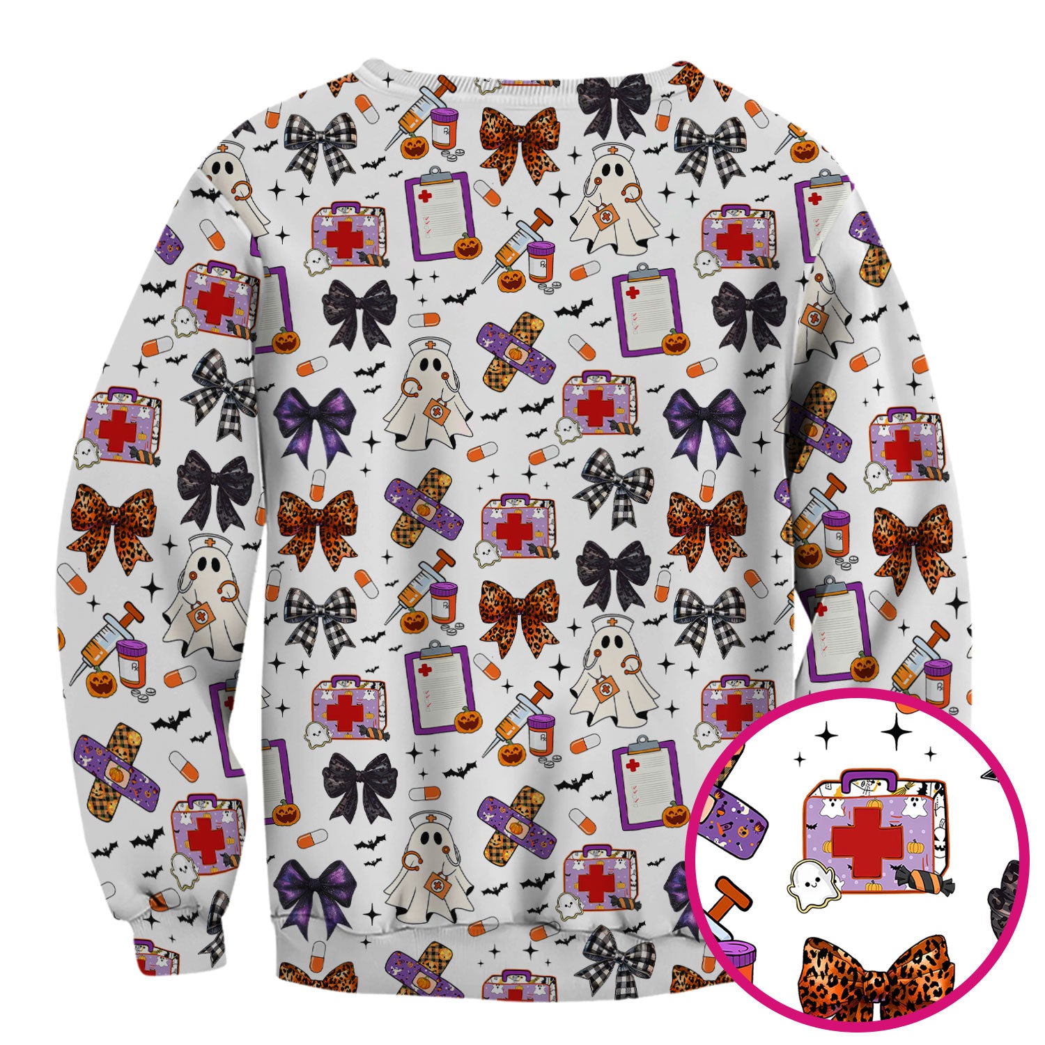 Spooky Cute Nurse Scrubs Top - Ghost, Pumpkin & Bow Print - Fun Halloween Medical Shirt for Women Nurses