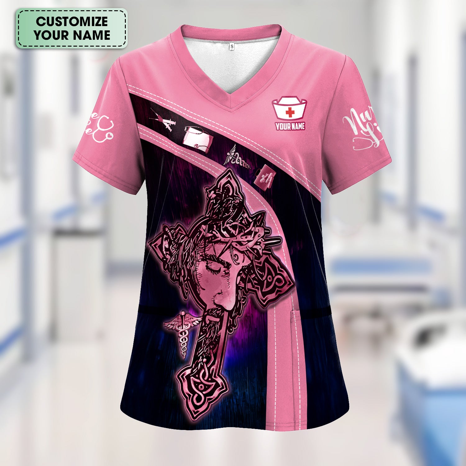 Personalized Christian Nurse T-Shirt - Jesus on the Cross Faith Graphic Tee - Gift for RN LPN CNA Healthcare Professionals